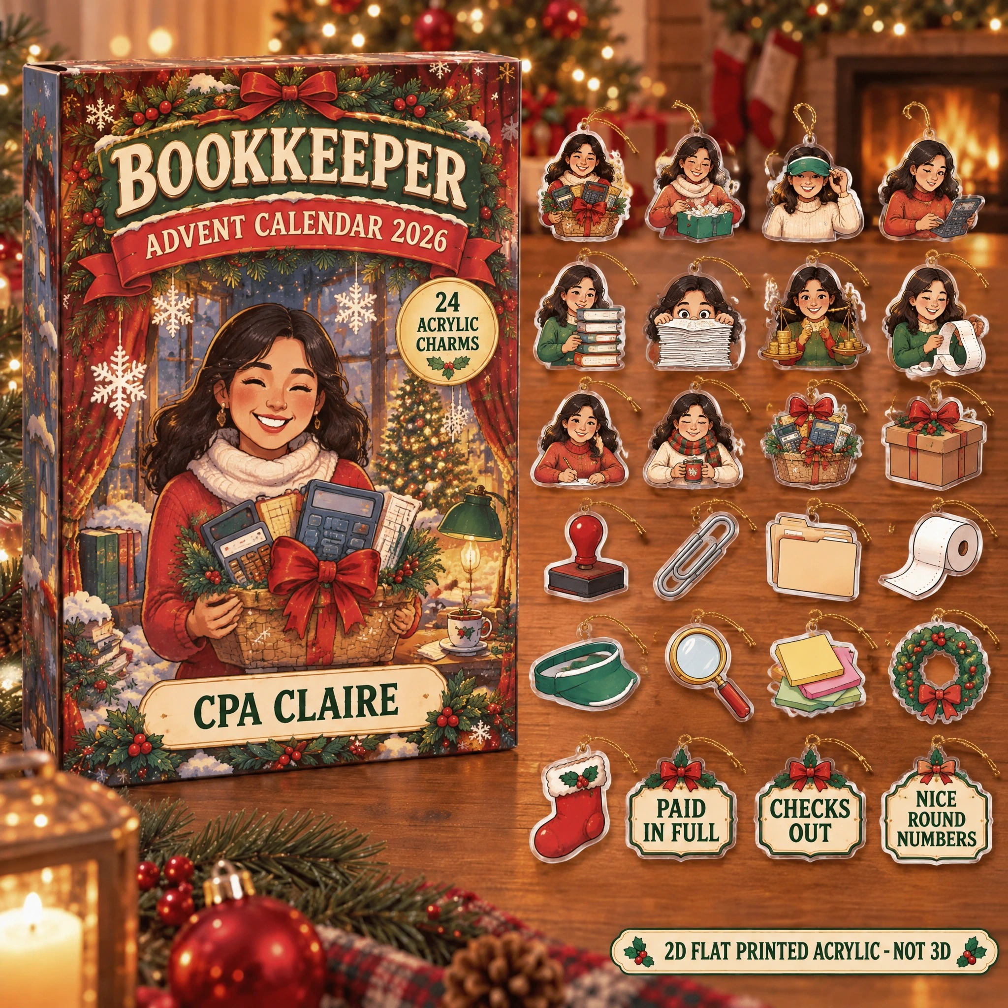 Personalized Accountant Survival Kit advent calendar box with 24 flat acrylic Christmas charms
