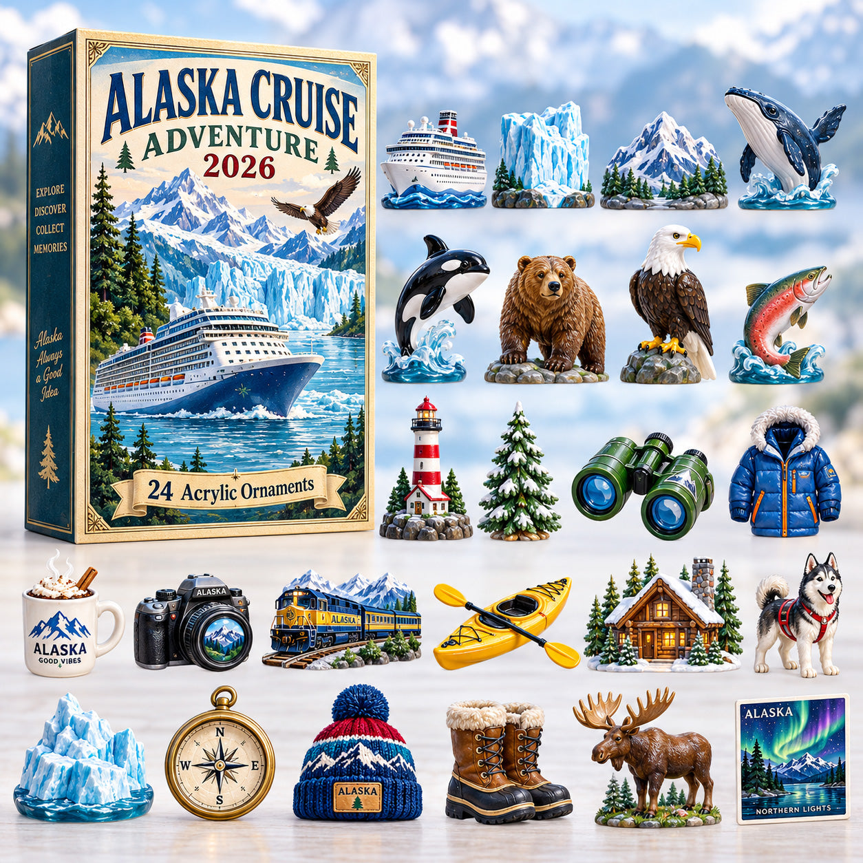 Alaska Cruise Adventure advent calendar box with 24 acrylic Christmas charms