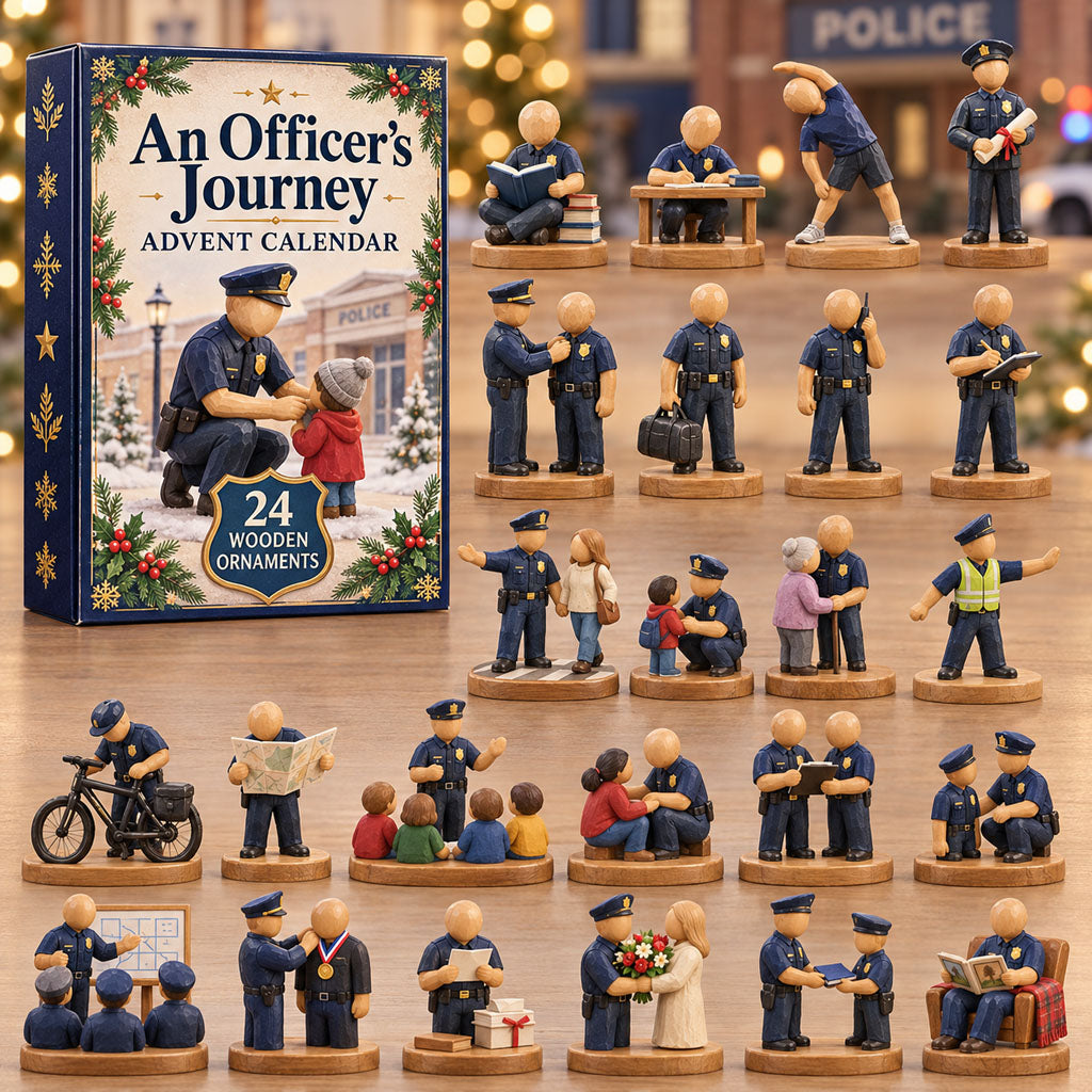 An Officer Journey advent calendar box with 24 wooden Christmas charms