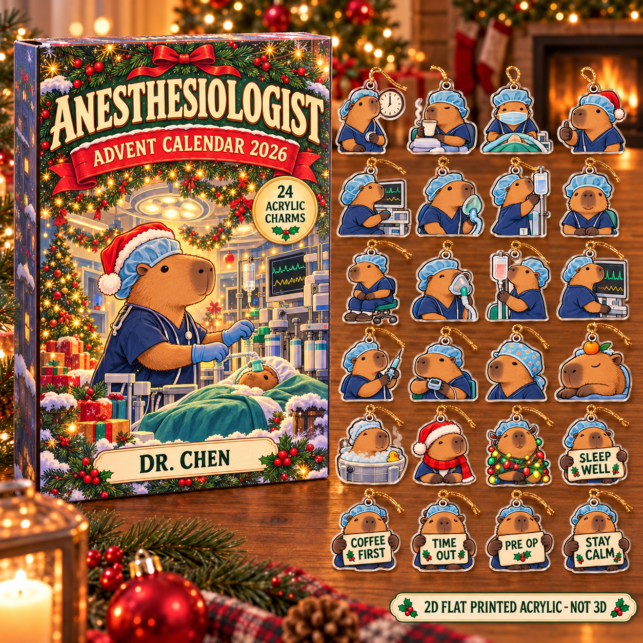 Personalized Anesthesiologist Capybara advent calendar box with 24 flat acrylic Christmas charms