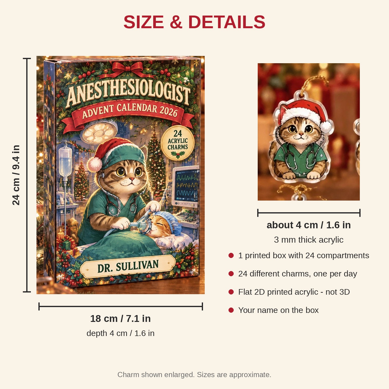 Personalized Anesthesiologist Cat advent calendar box with 24 flat acrylic Christmas charms: box and charm sizes