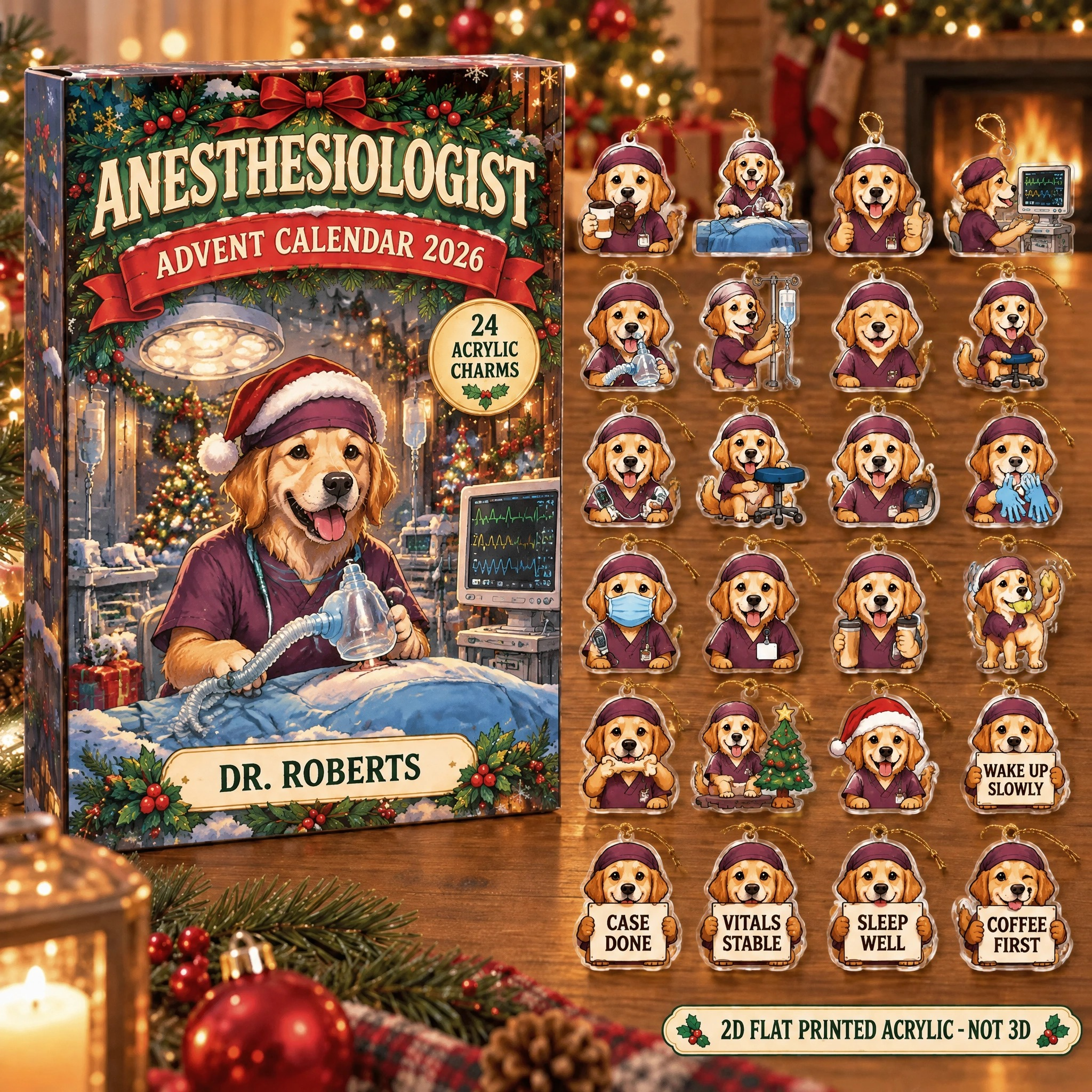 Personalized Anesthesiologist Dog advent calendar box with 24 flat acrylic Christmas charms
