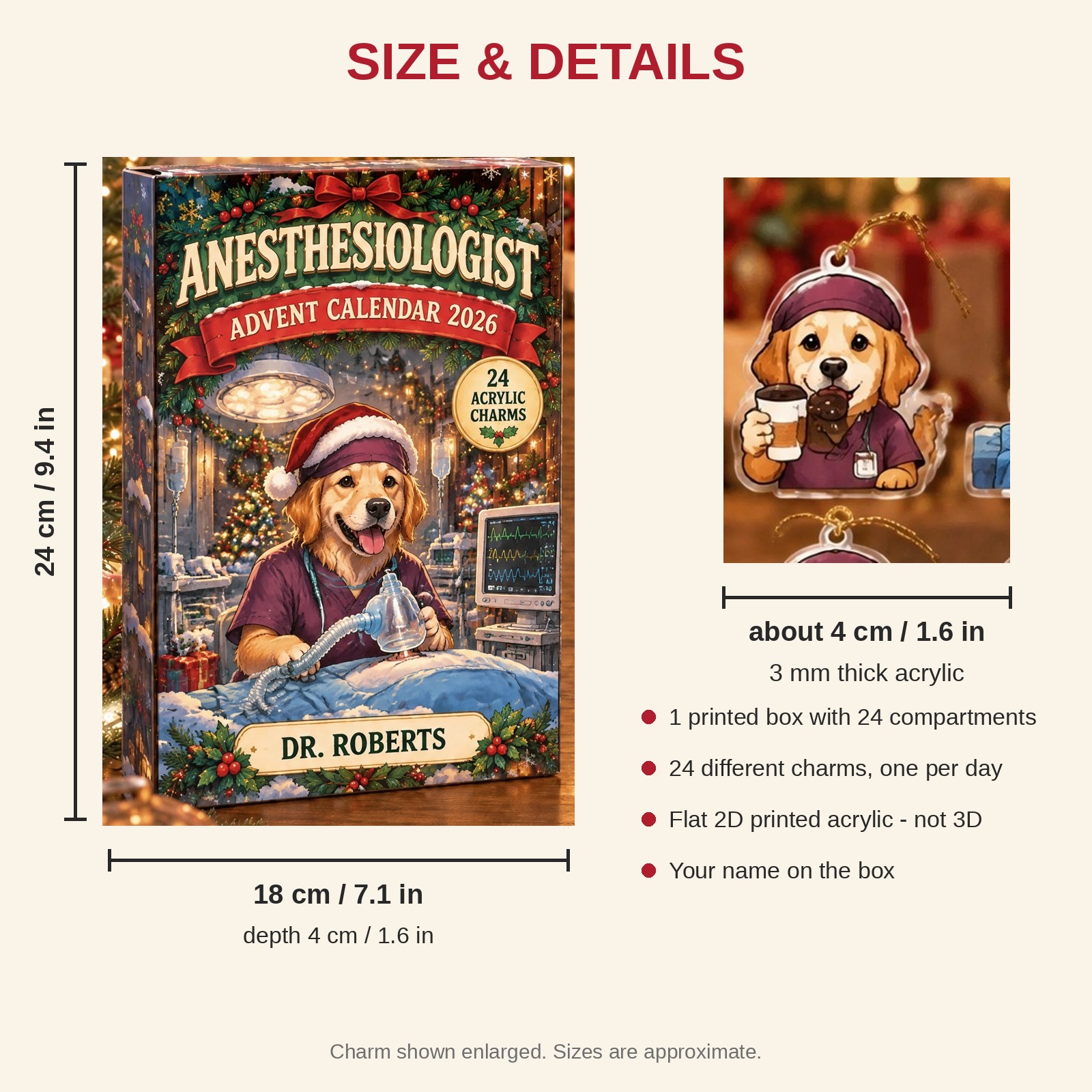 Personalized Anesthesiologist Dog advent calendar box with 24 flat acrylic Christmas charms: box and charm sizes