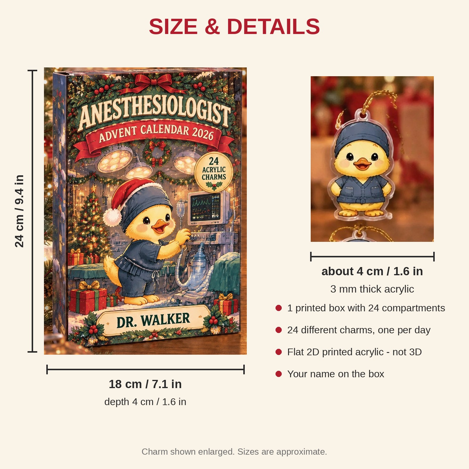 Personalized Anesthesiologist Duck advent calendar box with 24 flat acrylic Christmas charms: box and charm sizes