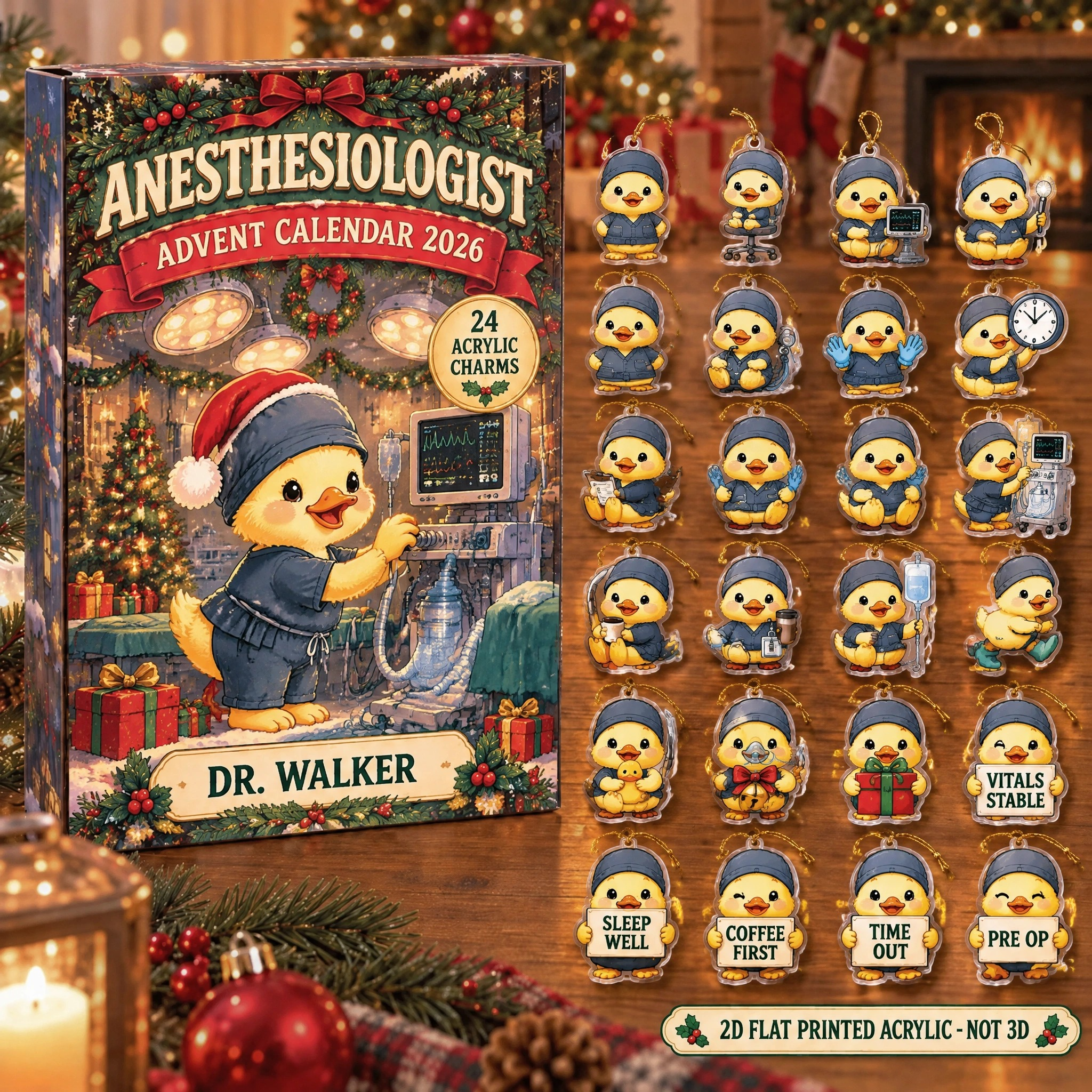 Personalized Anesthesiologist Duck advent calendar box with 24 flat acrylic Christmas charms