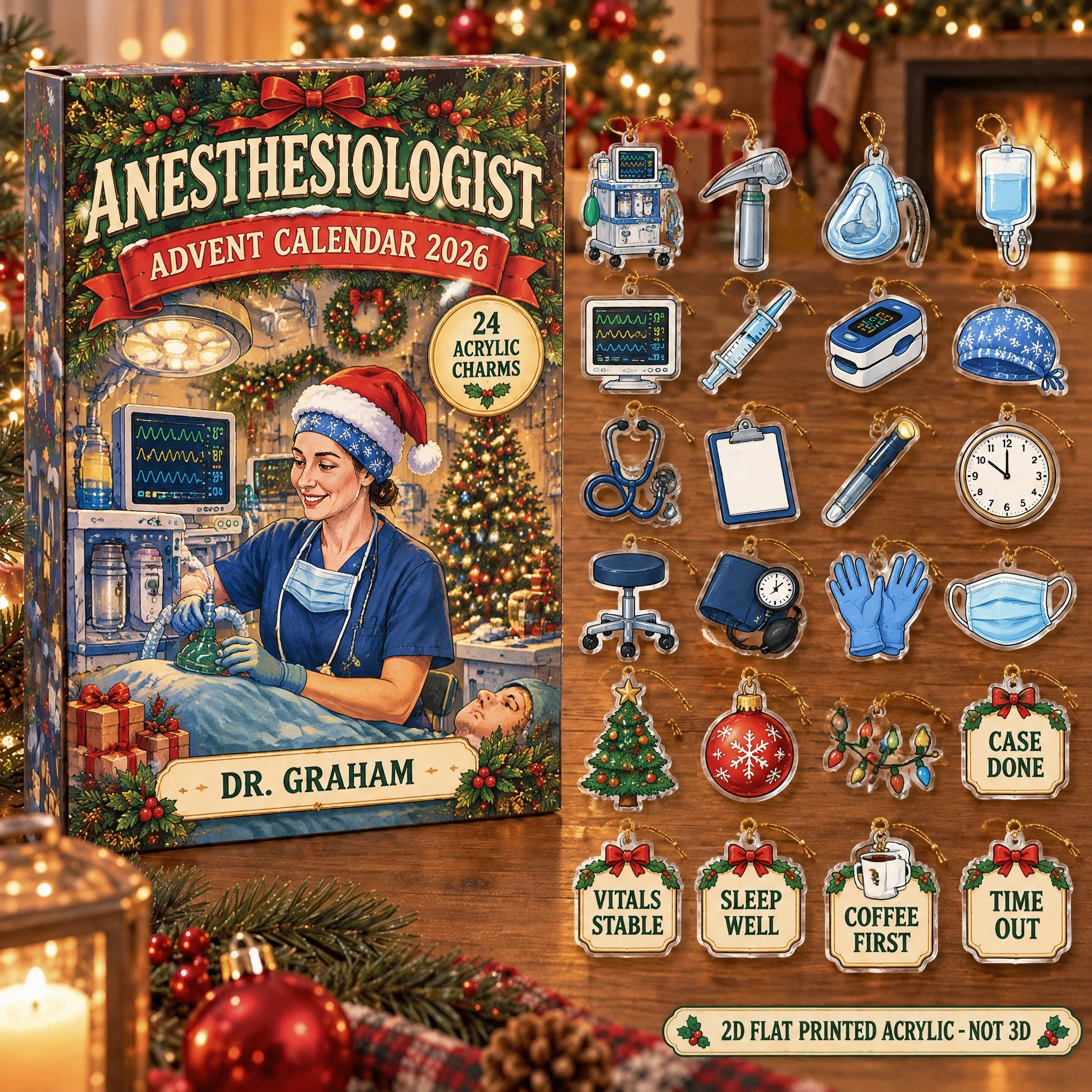 Personalized Anesthesiologist Essentials advent calendar box with 24 flat acrylic Christmas charms