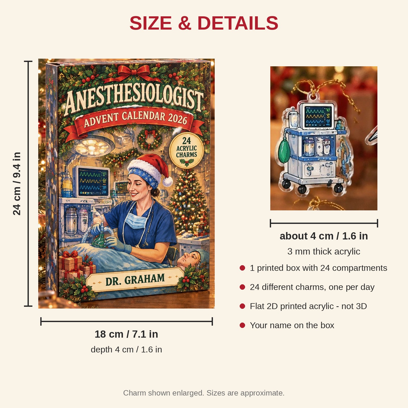 Personalized Anesthesiologist Essentials advent calendar box with 24 flat acrylic Christmas charms: box and charm sizes