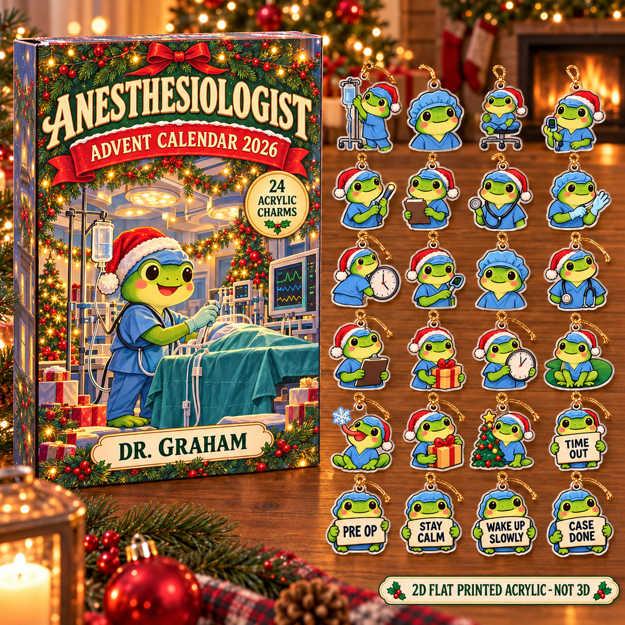 Personalized Anesthesiologist Frog advent calendar box with 24 flat acrylic Christmas charms