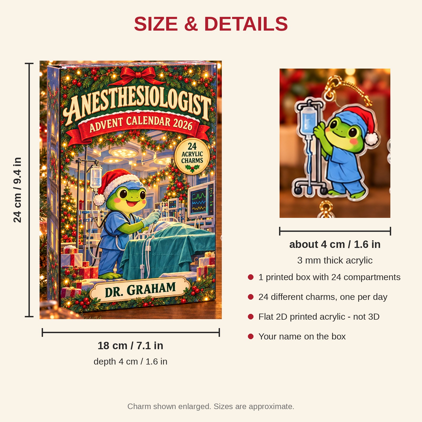 Personalized Anesthesiologist Frog advent calendar box with 24 flat acrylic Christmas charms: box and charm sizes