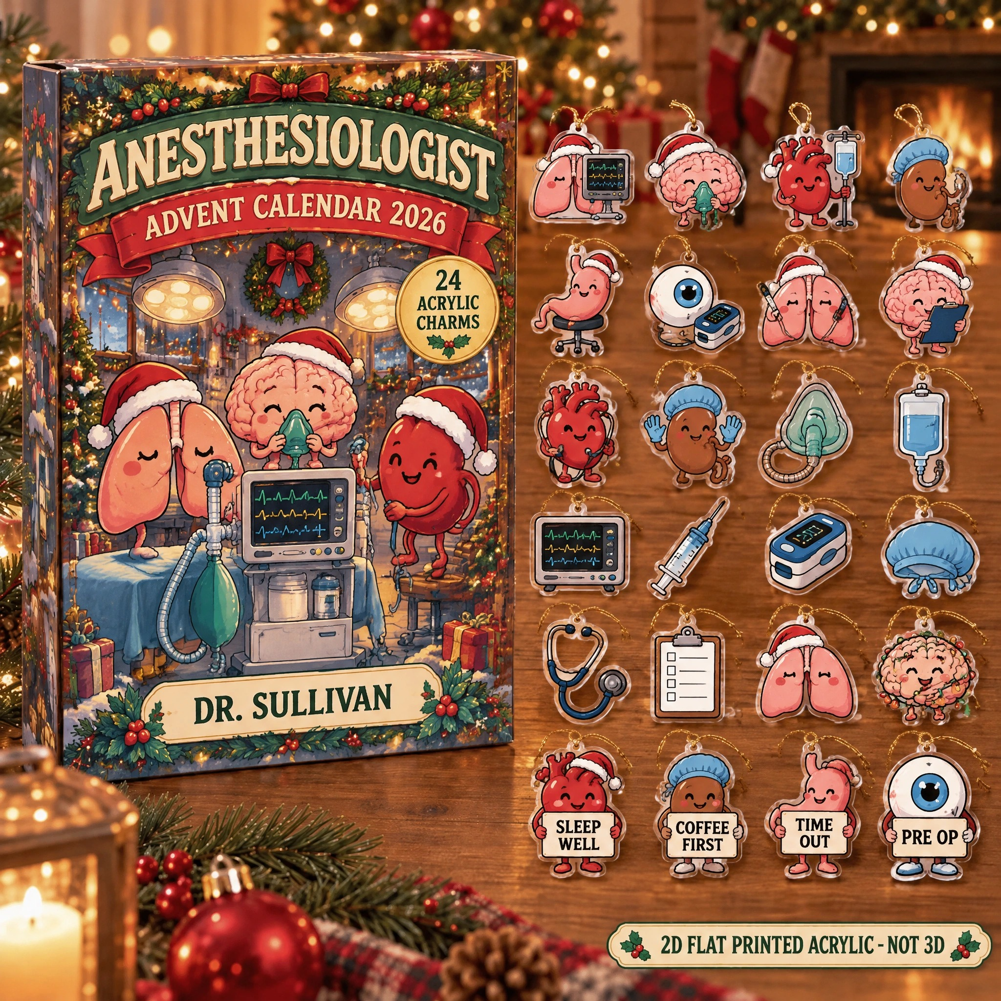 Personalized Funny Anatomy Anesthesia Doc advent calendar box with 24 flat acrylic Christmas charms
