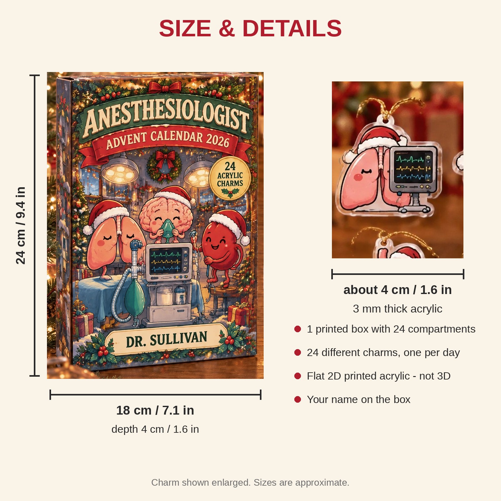 Personalized Funny Anatomy Anesthesia Doc advent calendar box with 24 flat acrylic Christmas charms: box and charm sizes