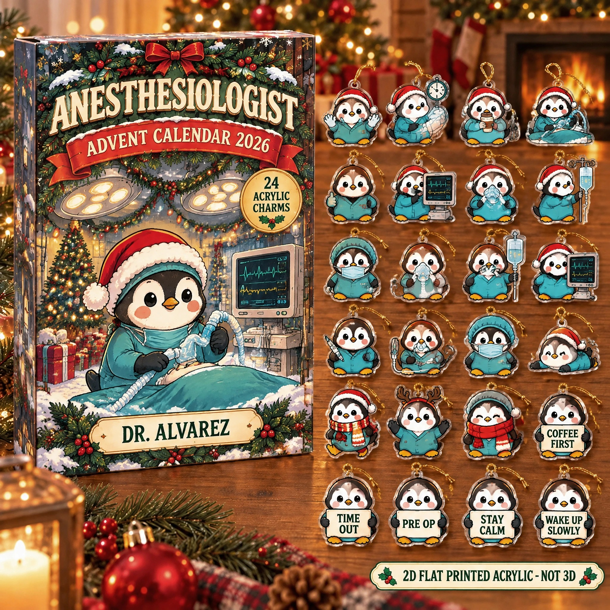 Personalized Anesthesiologist Penguin advent calendar box with 24 flat acrylic Christmas charms