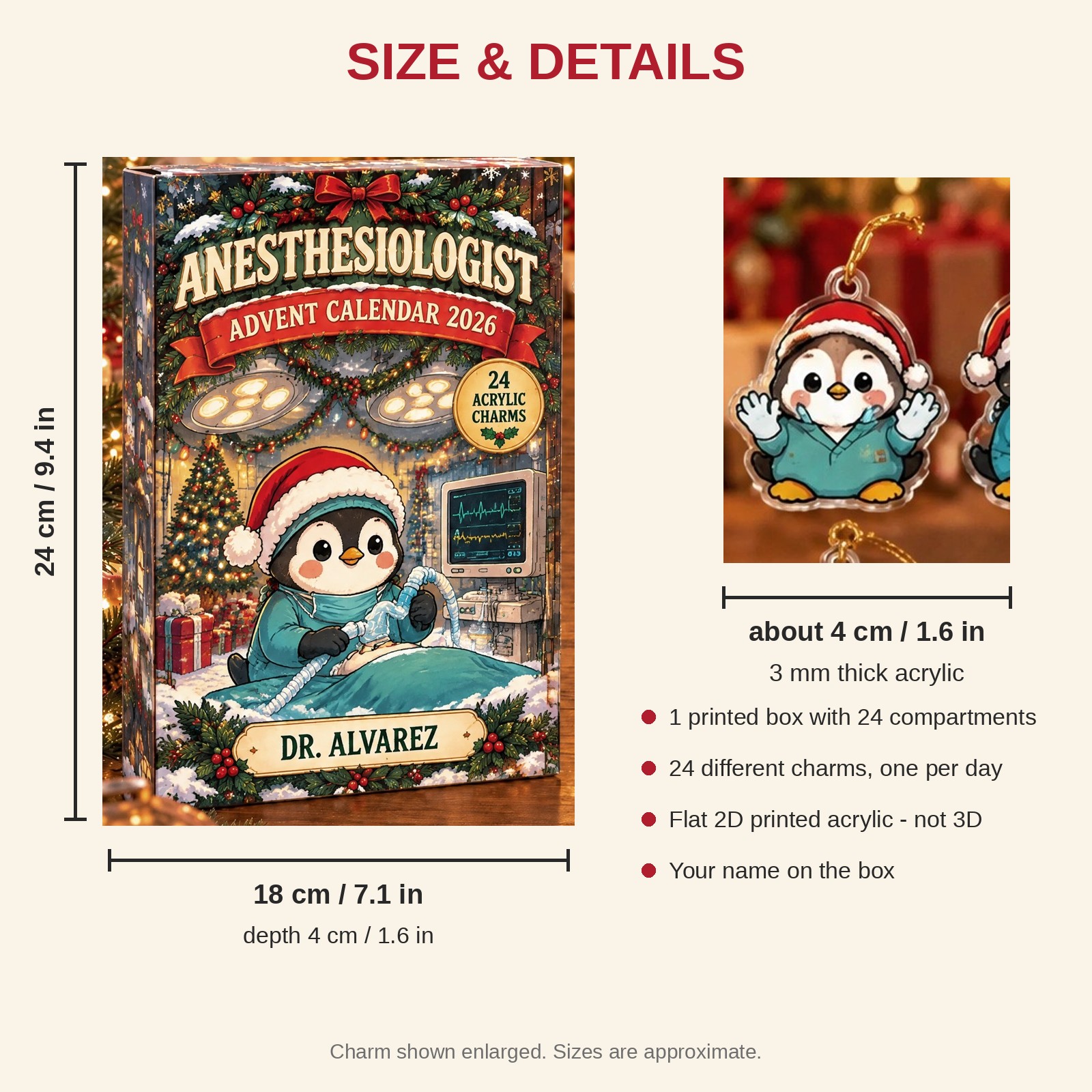 Personalized Anesthesiologist Penguin advent calendar box with 24 flat acrylic Christmas charms: box and charm sizes