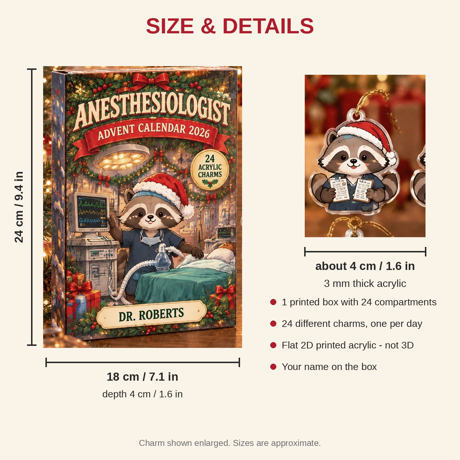 Personalized Anesthesiologist Raccoon advent calendar box with 24 flat acrylic Christmas charms: box and charm sizes
