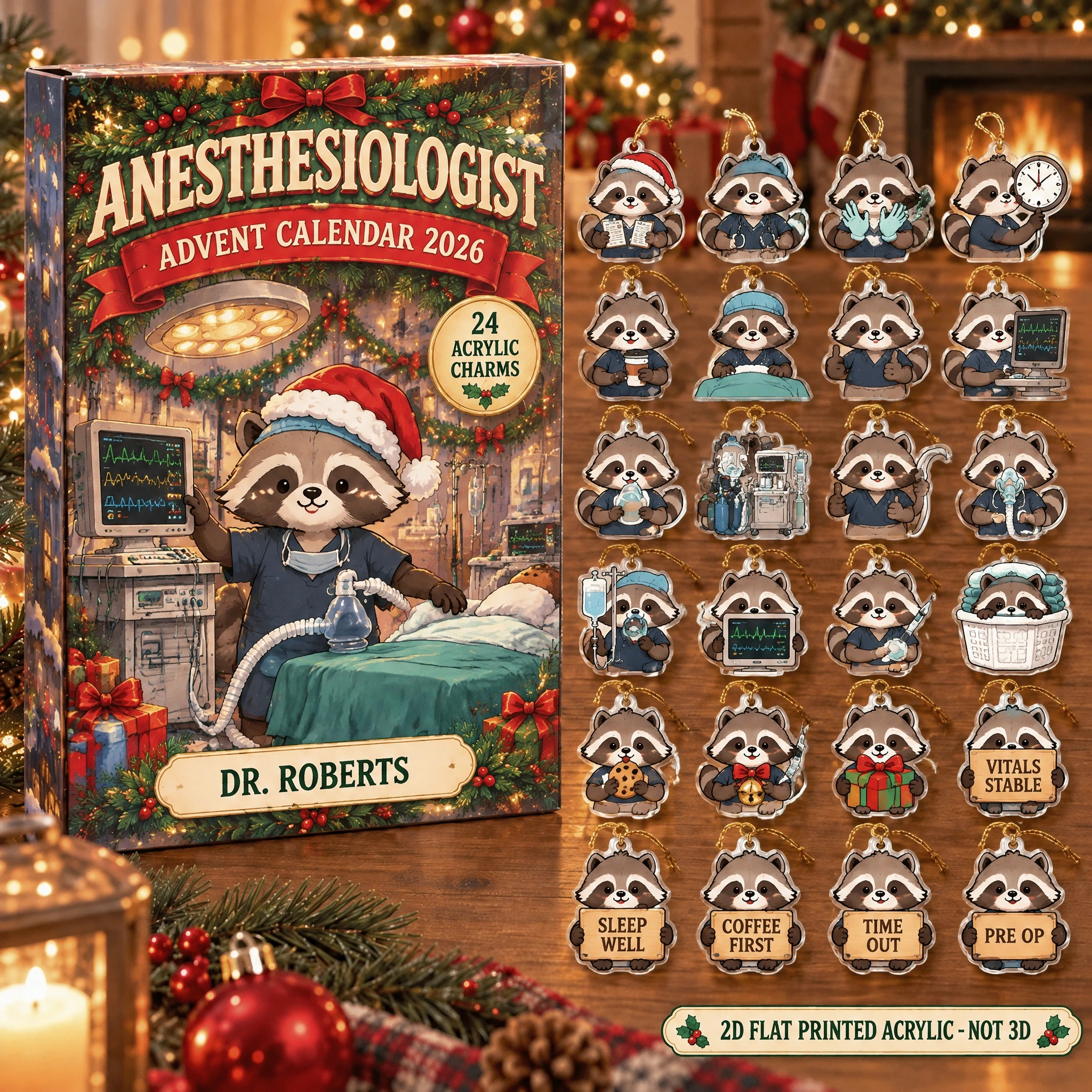 Personalized Anesthesiologist Raccoon advent calendar box with 24 flat acrylic Christmas charms