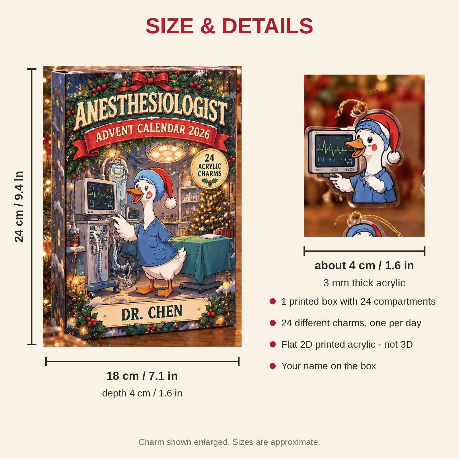 Personalized Anesthesiologist Silly Goose advent calendar box with 24 flat acrylic Christmas charms: box and charm sizes