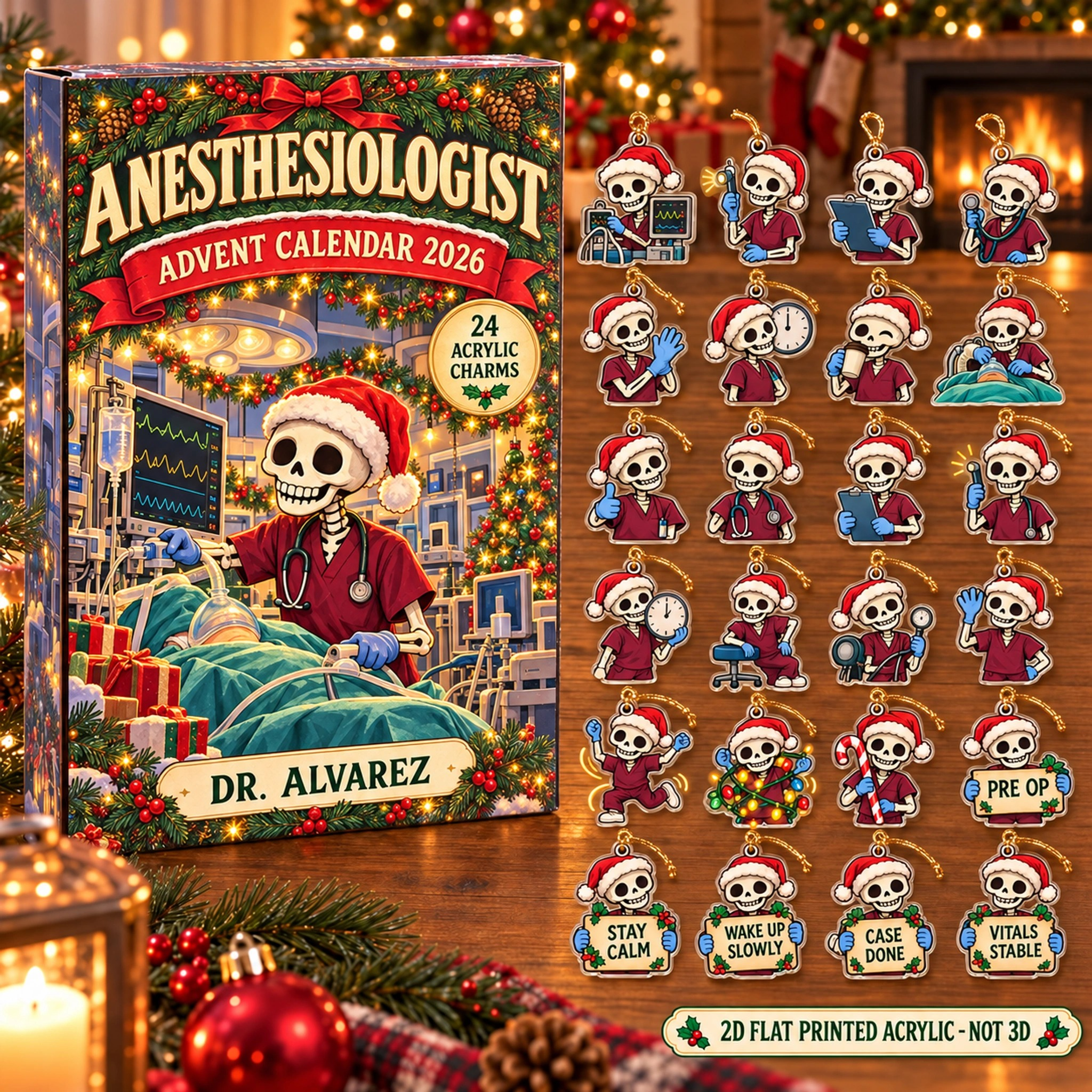 Personalized Anesthesiologist Skeleton advent calendar box with 24 flat acrylic Christmas charms