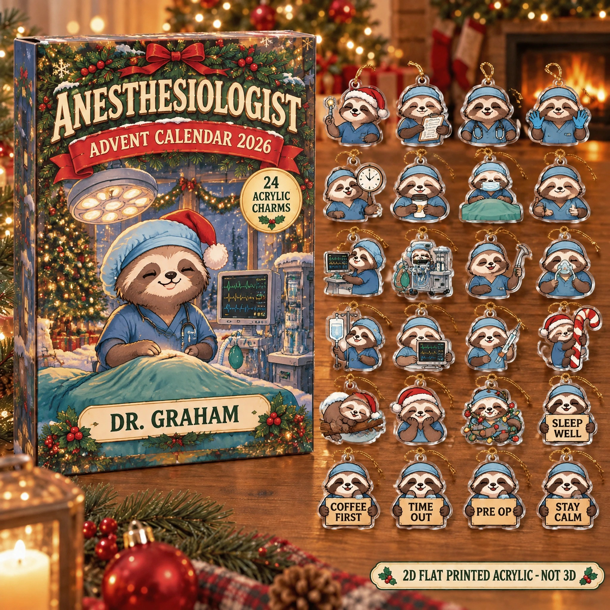 Personalized Anesthesiologist Sloth advent calendar box with 24 flat acrylic Christmas charms