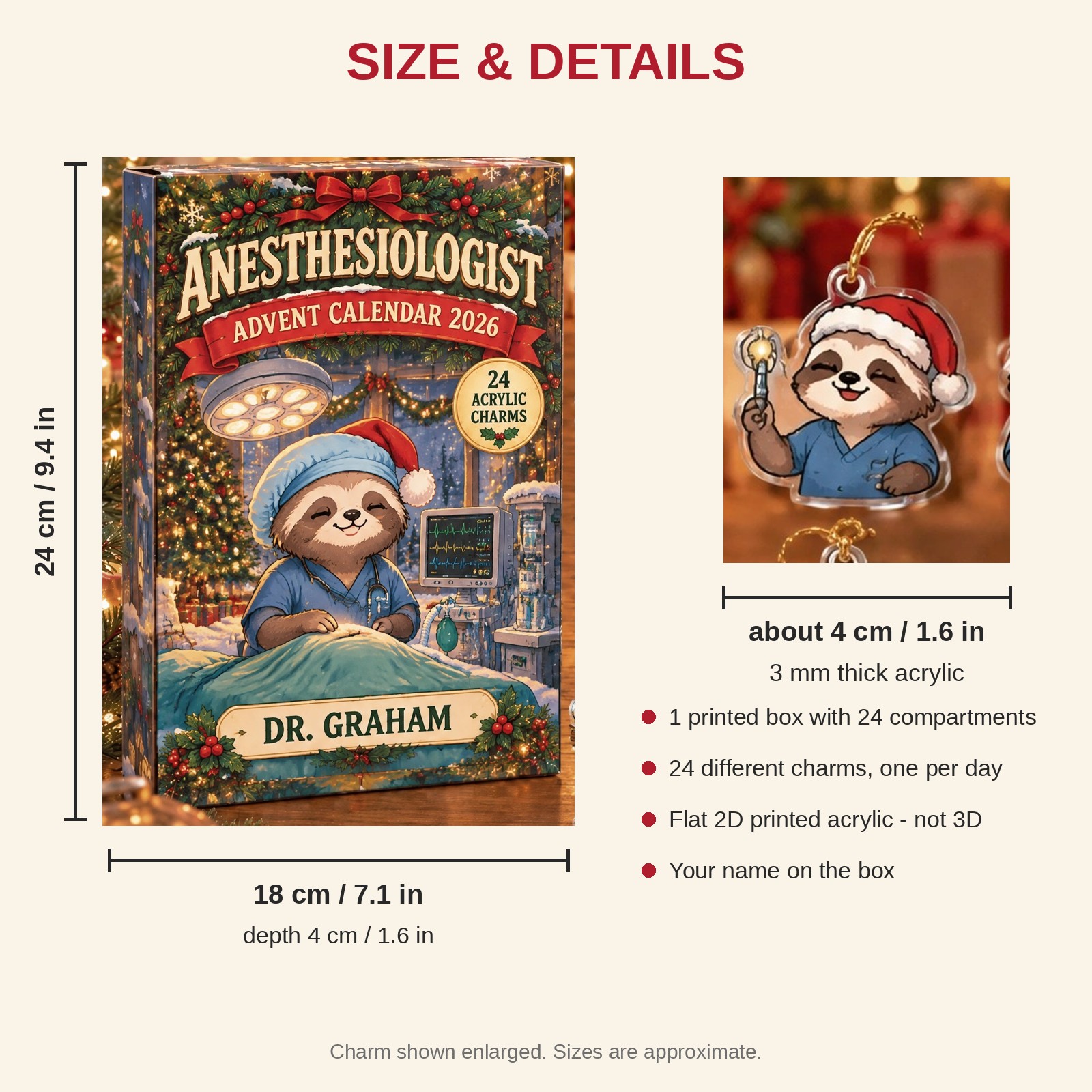 Personalized Anesthesiologist Sloth advent calendar box with 24 flat acrylic Christmas charms: box and charm sizes