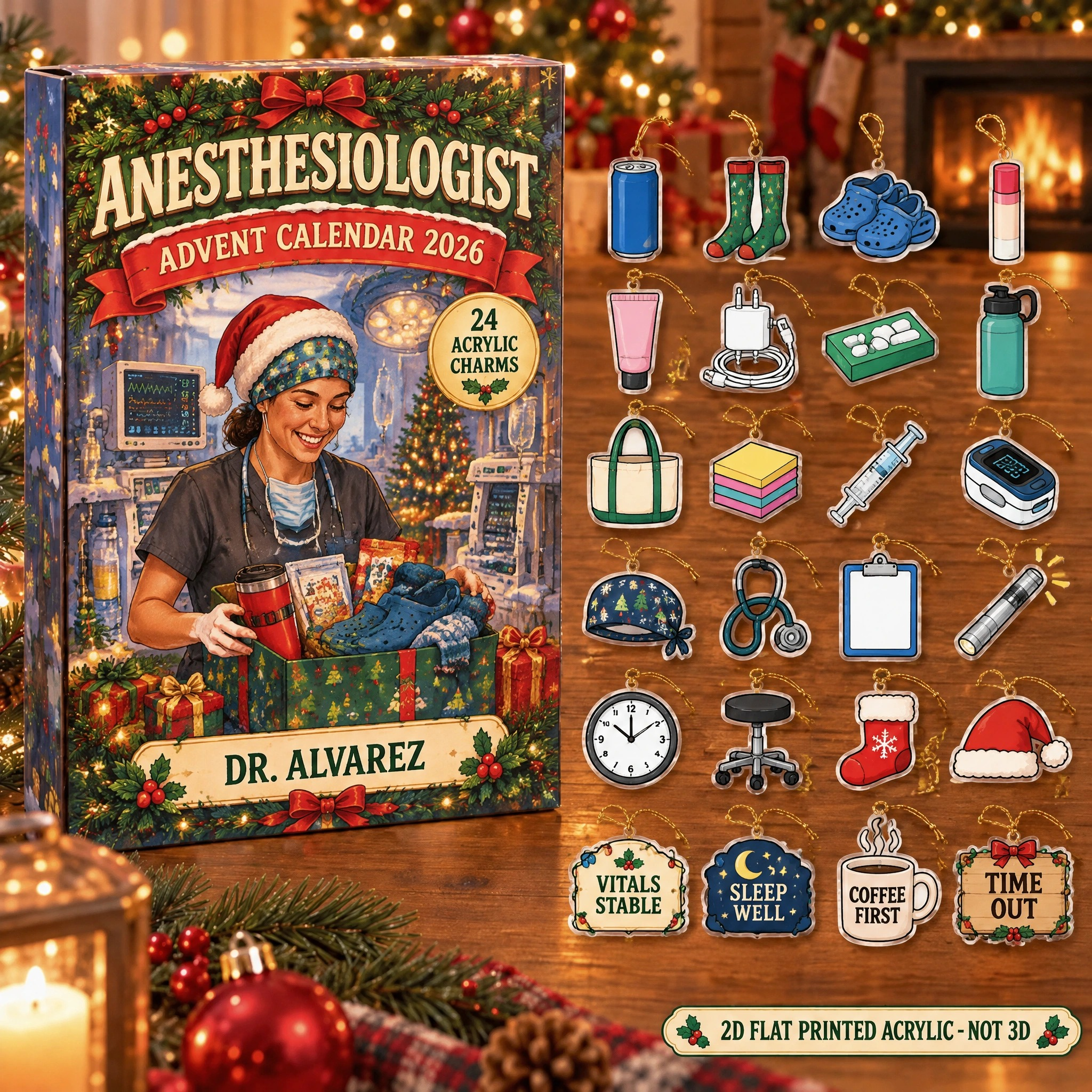 Personalized Anesthesia Doc Survival Kit advent calendar box with 24 flat acrylic Christmas charms