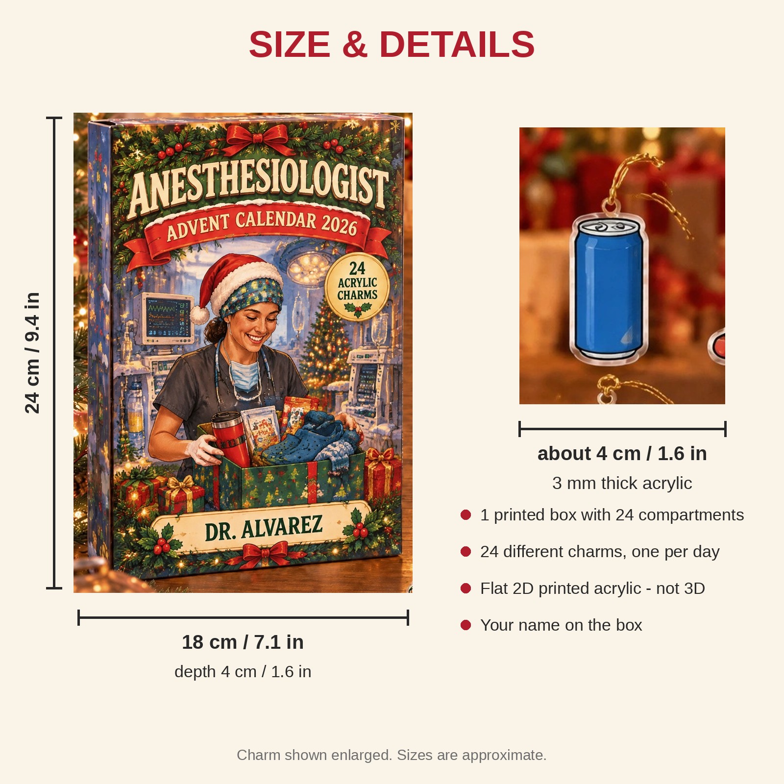 Personalized Anesthesia Doc Survival Kit advent calendar box with 24 flat acrylic Christmas charms: box and charm sizes
