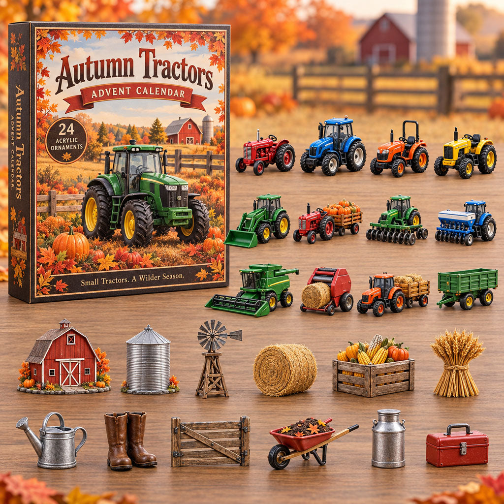 Autumn Tractors advent calendar box with 24 acrylic Christmas charms