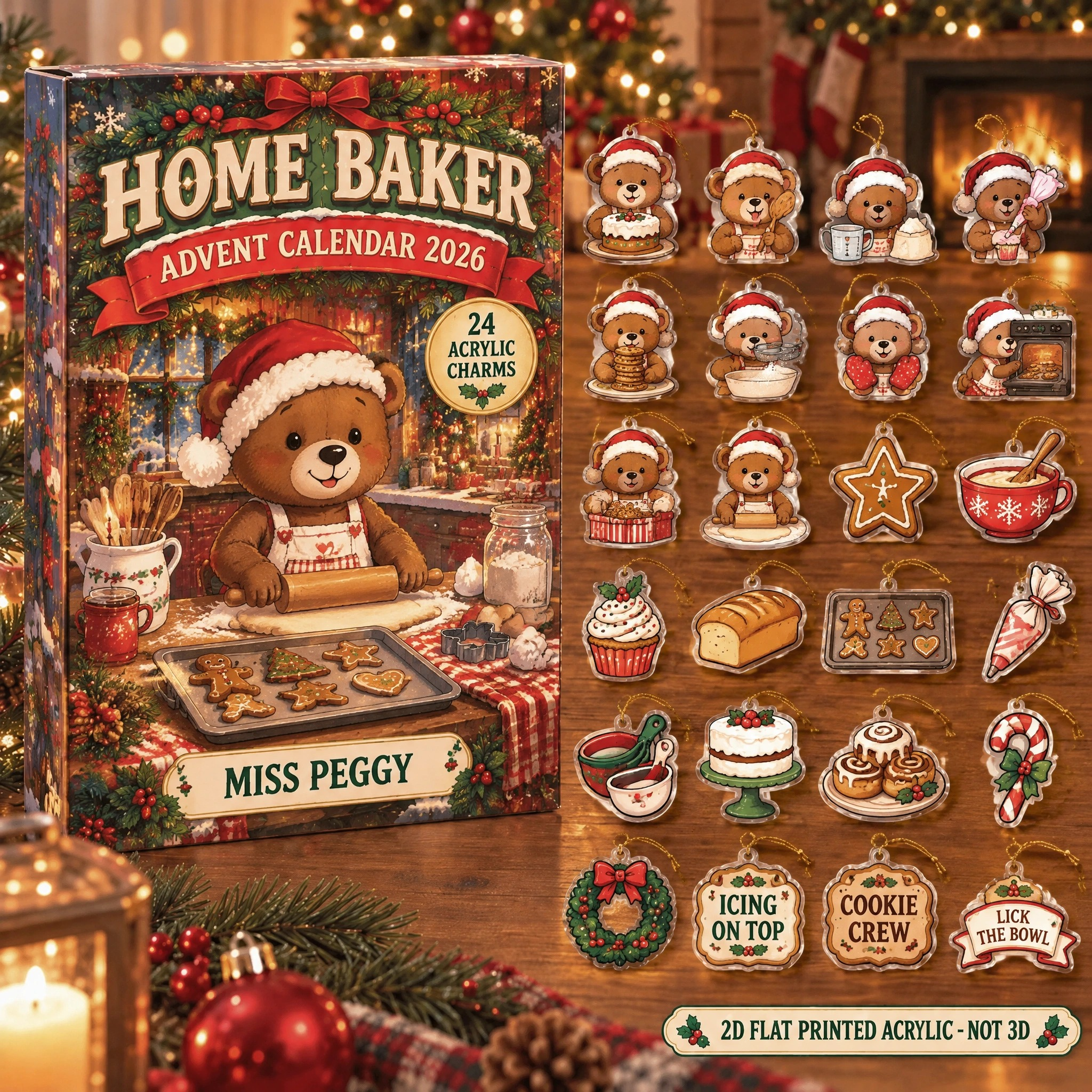 Personalized Baker Bear advent calendar box with 24 flat acrylic Christmas charms