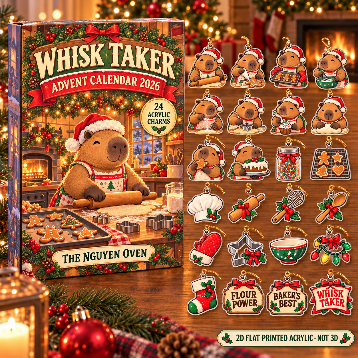 Personalized Baker Capybara advent calendar box with 24 flat acrylic Christmas charms