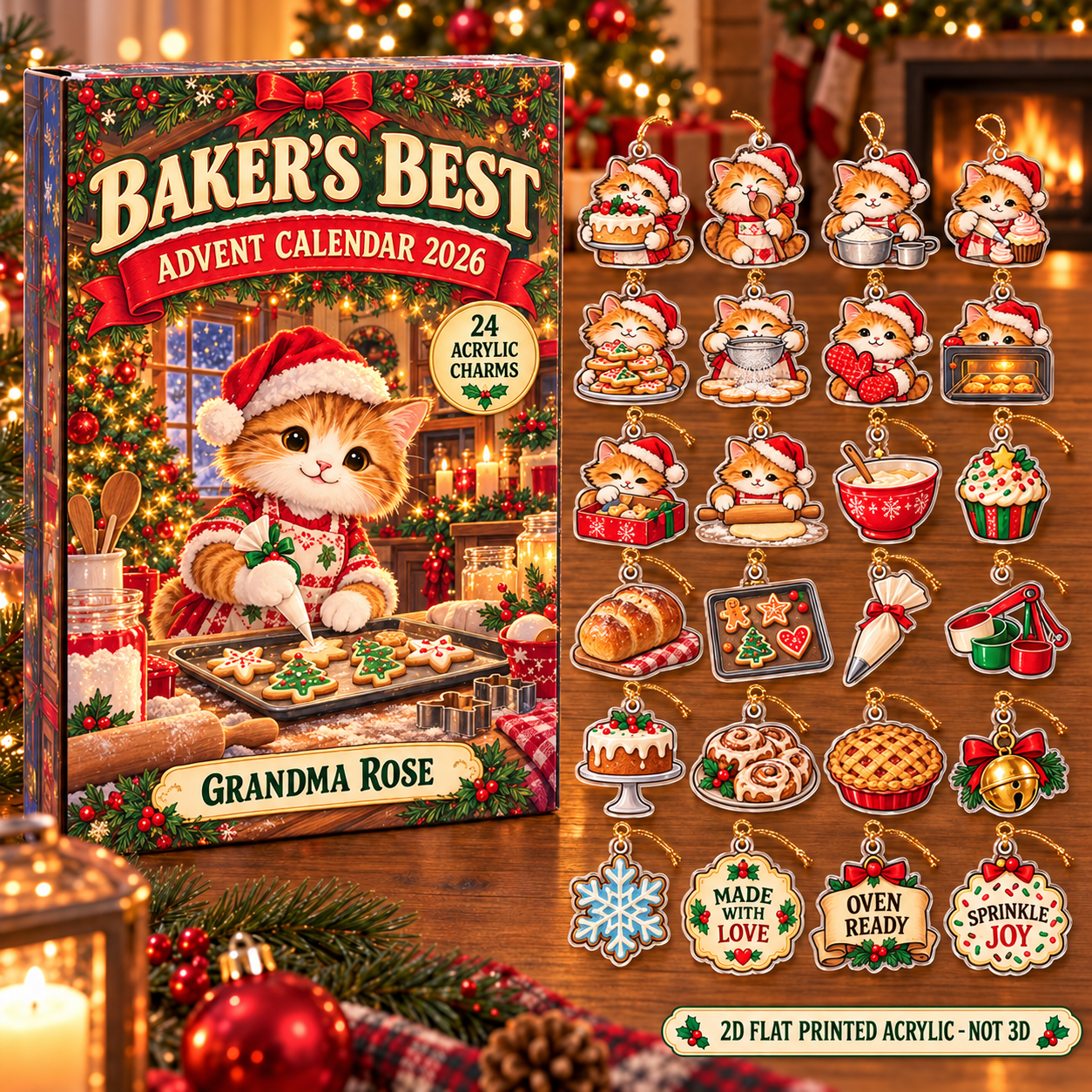 Personalized Baker Cat advent calendar box with 24 flat acrylic Christmas charms