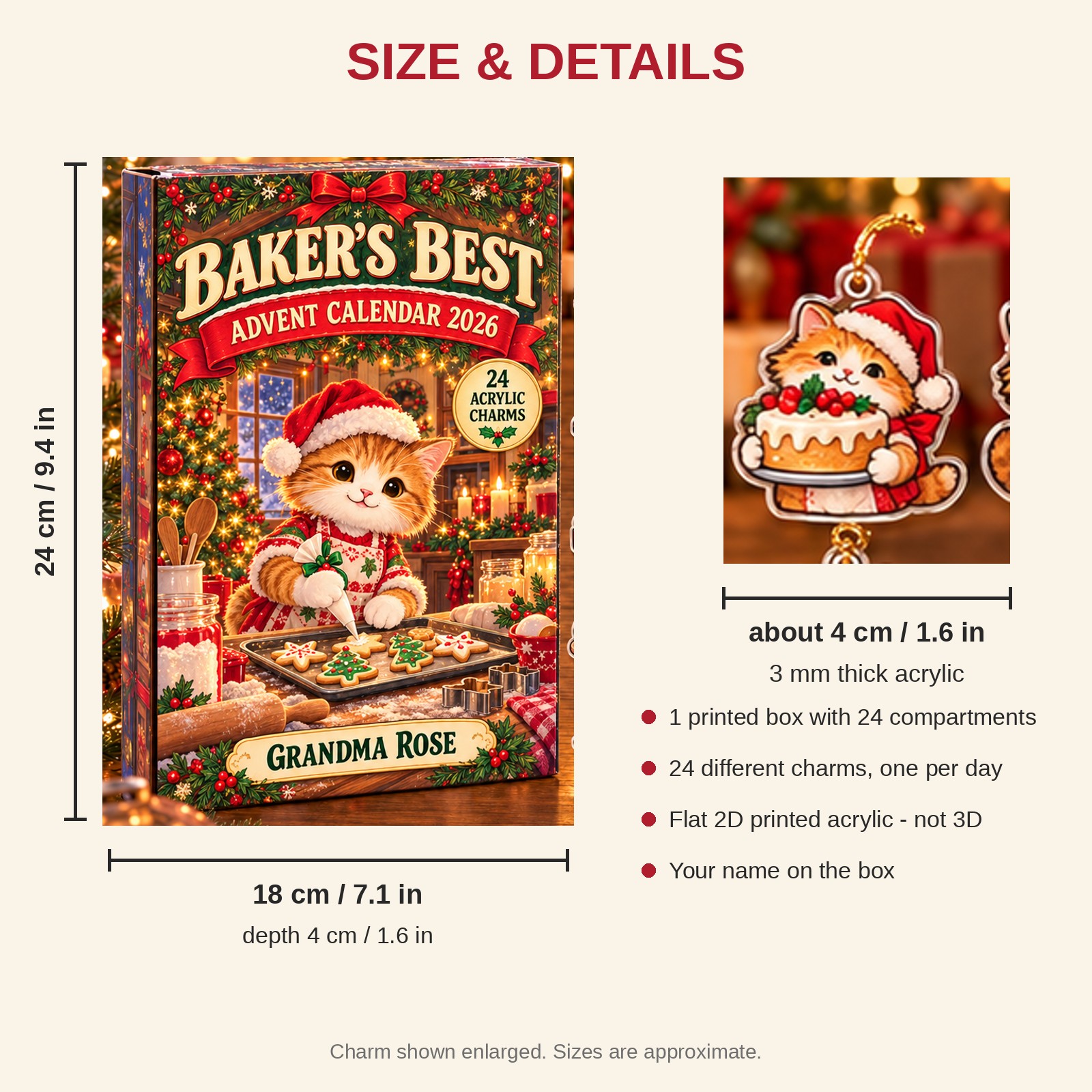 Personalized Baker Cat advent calendar box with 24 flat acrylic Christmas charms: box and charm sizes