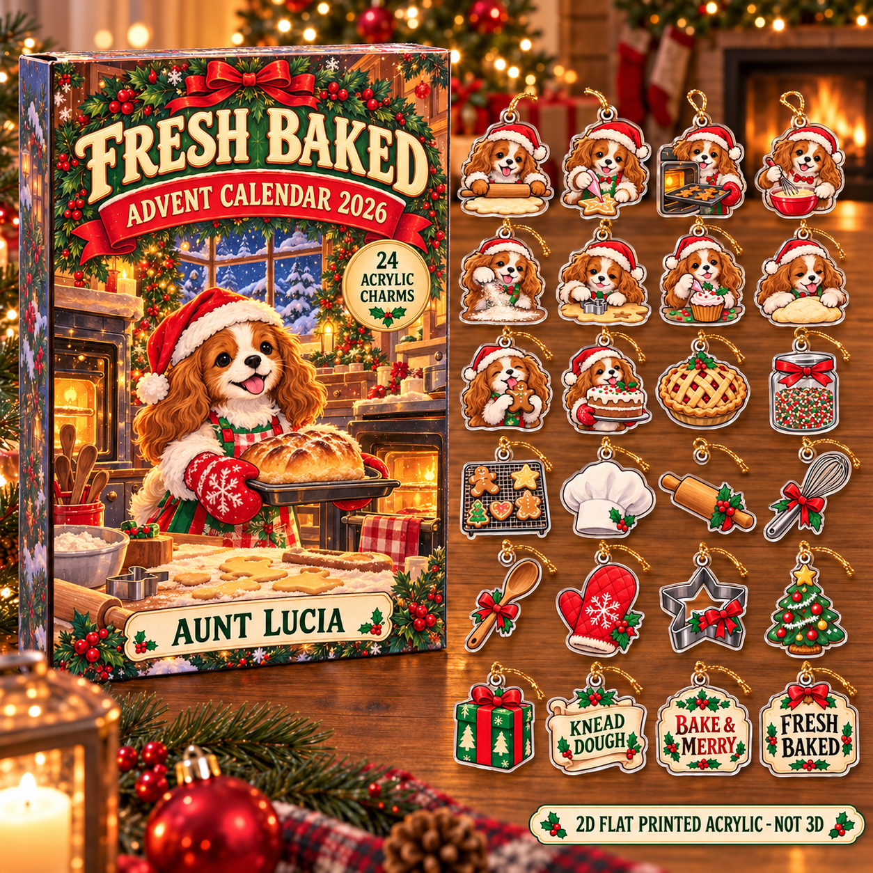 Personalized Baker Dog advent calendar box with 24 flat acrylic Christmas charms