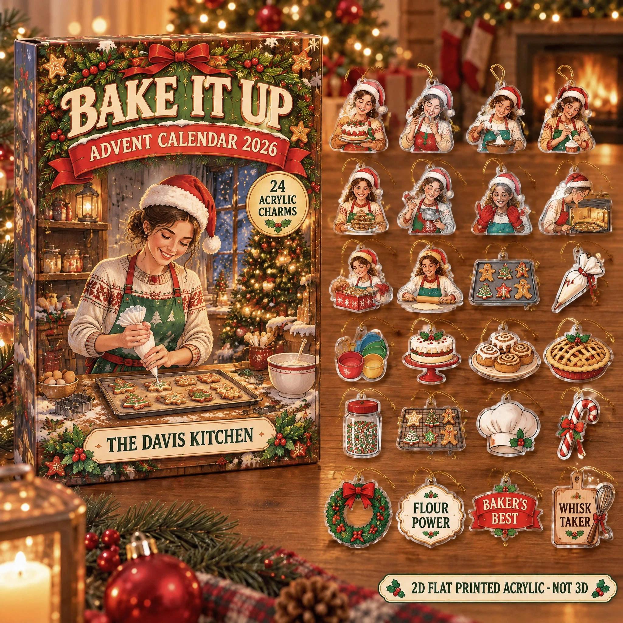 Personalized Baker Essentials advent calendar box with 24 flat acrylic Christmas charms