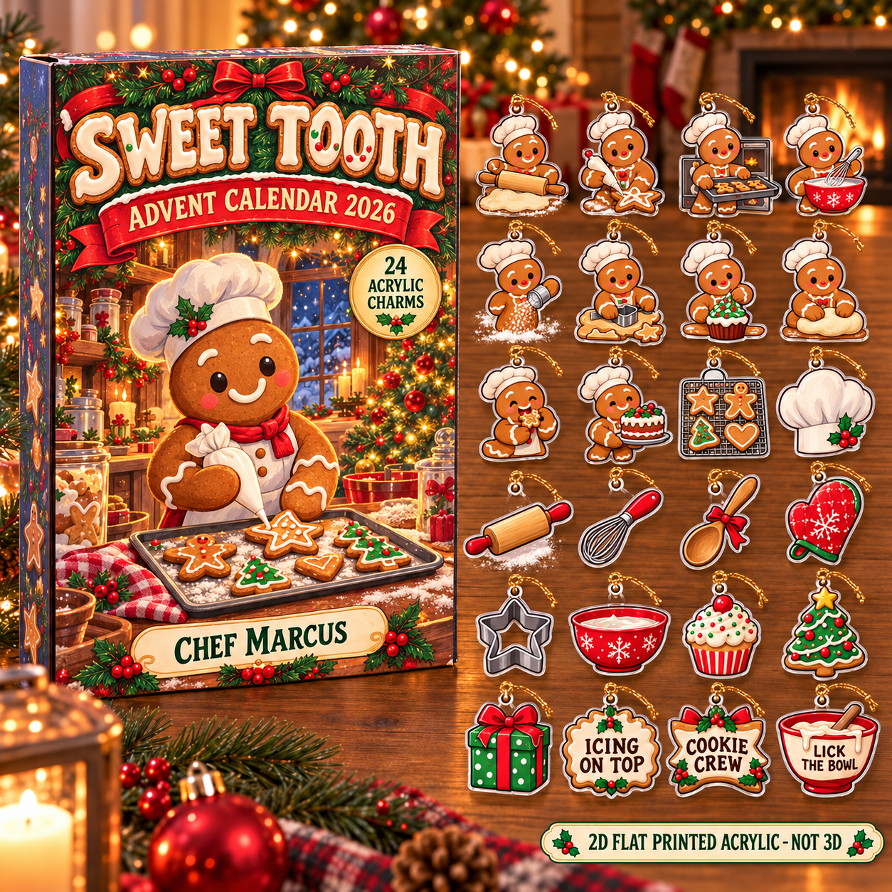 Personalized Baker Gingerbread advent calendar box with 24 flat acrylic Christmas charms