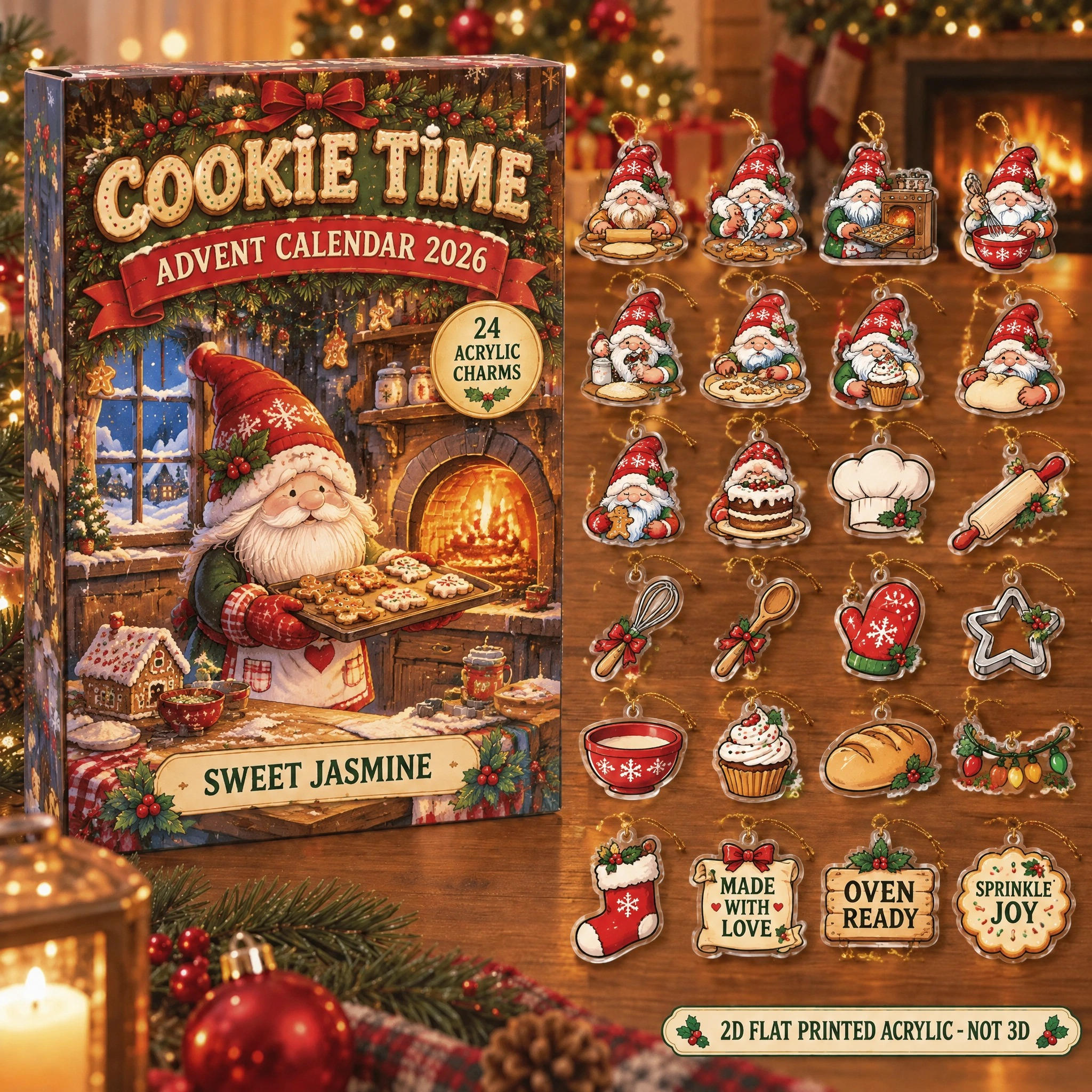 Personalized Baker Gnome advent calendar box with 24 flat acrylic Christmas charms
