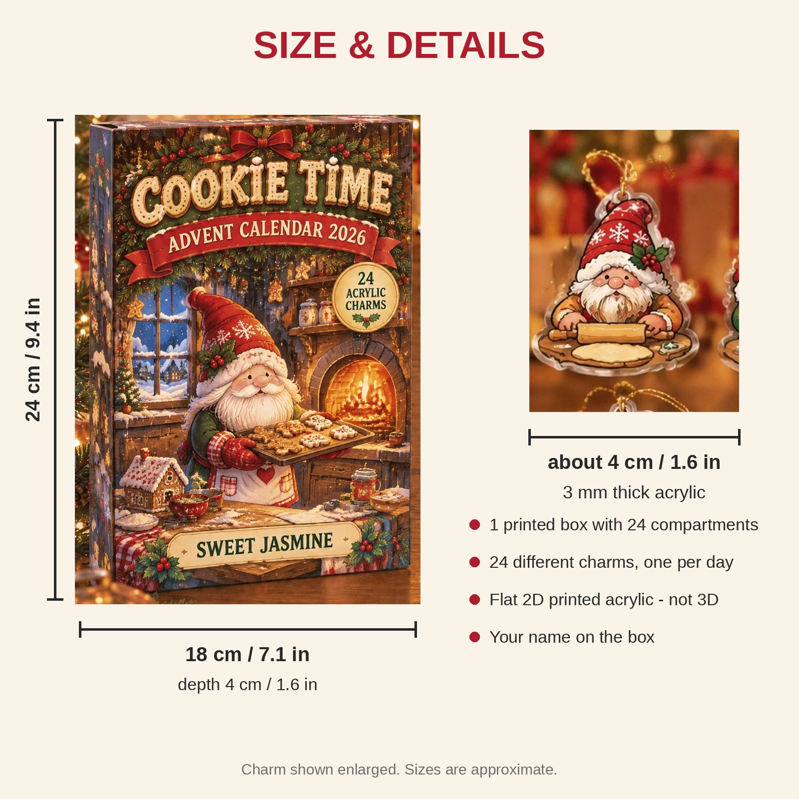 Personalized Baker Gnome advent calendar box with 24 flat acrylic Christmas charms: box and charm sizes