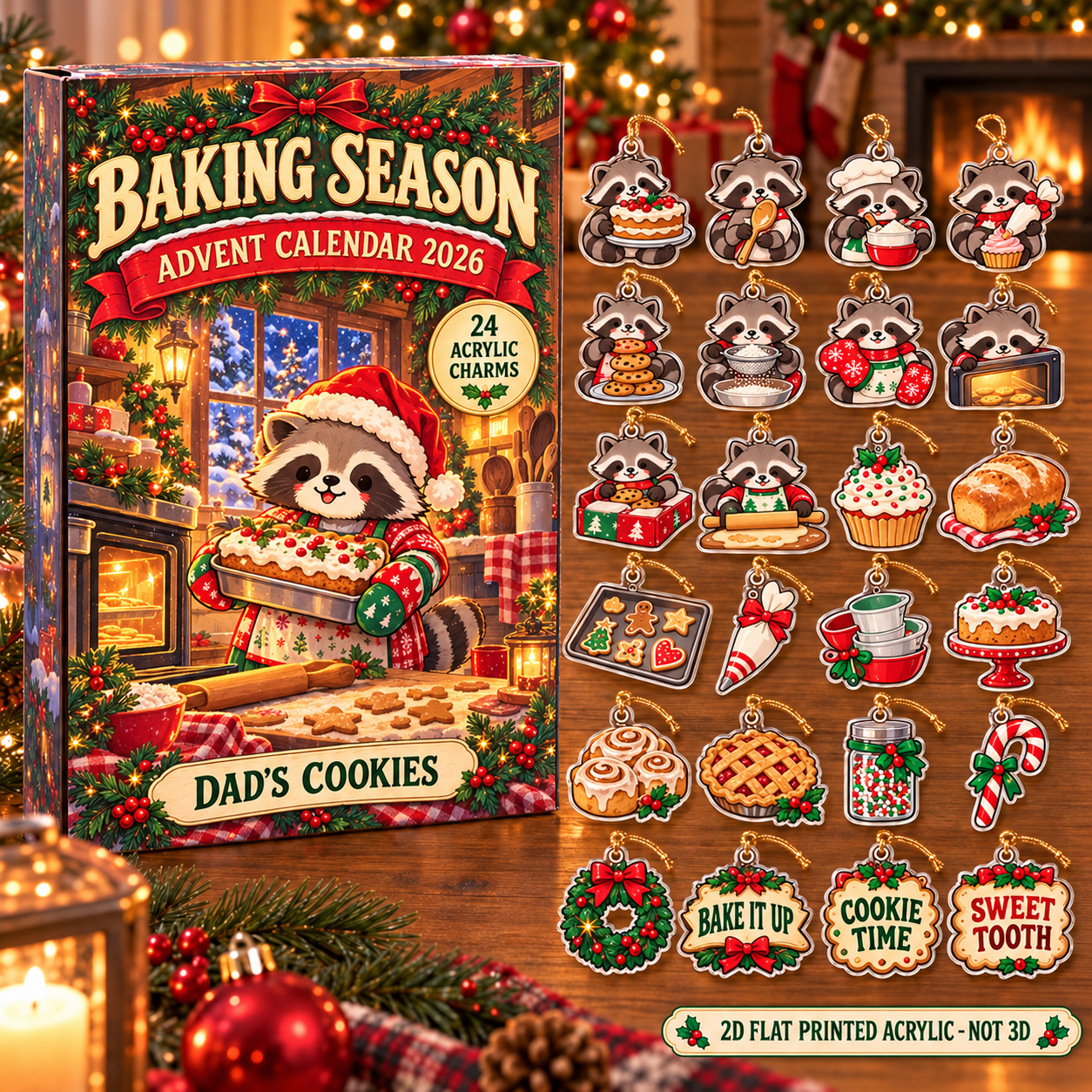 Personalized Baker Raccoon advent calendar box with 24 flat acrylic Christmas charms