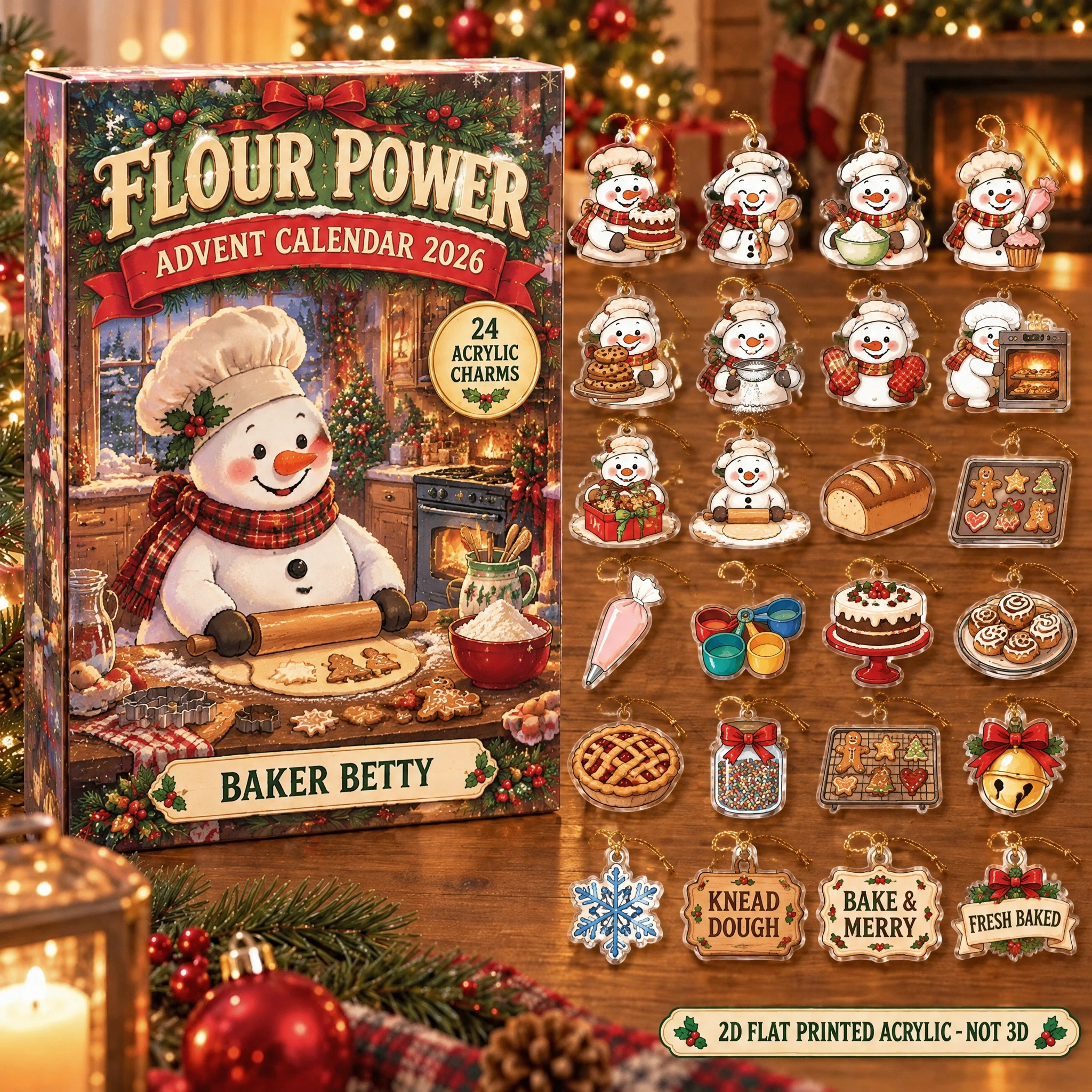 Personalized Baker Snowman advent calendar box with 24 flat acrylic Christmas charms