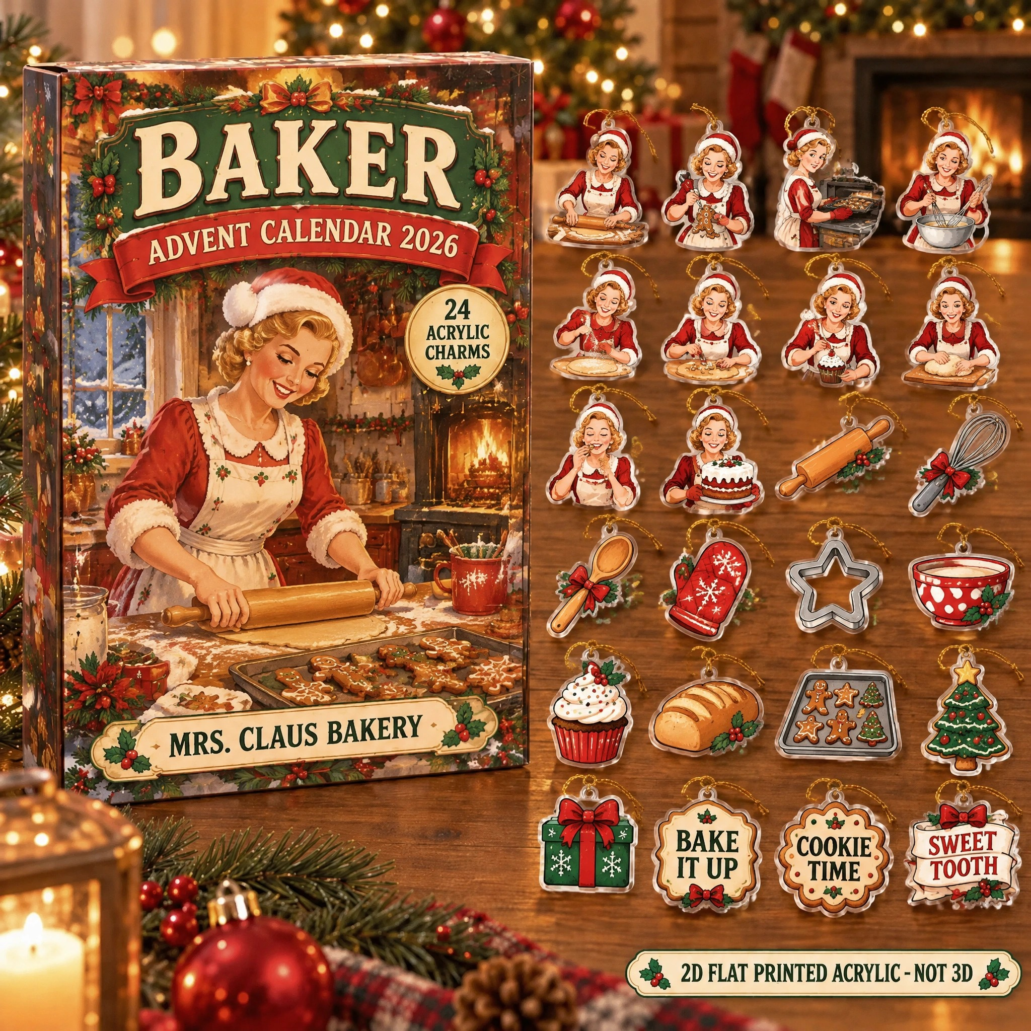 Personalized Vintage Retro Baker advent calendar box with 24 flat acrylic Christmas charms