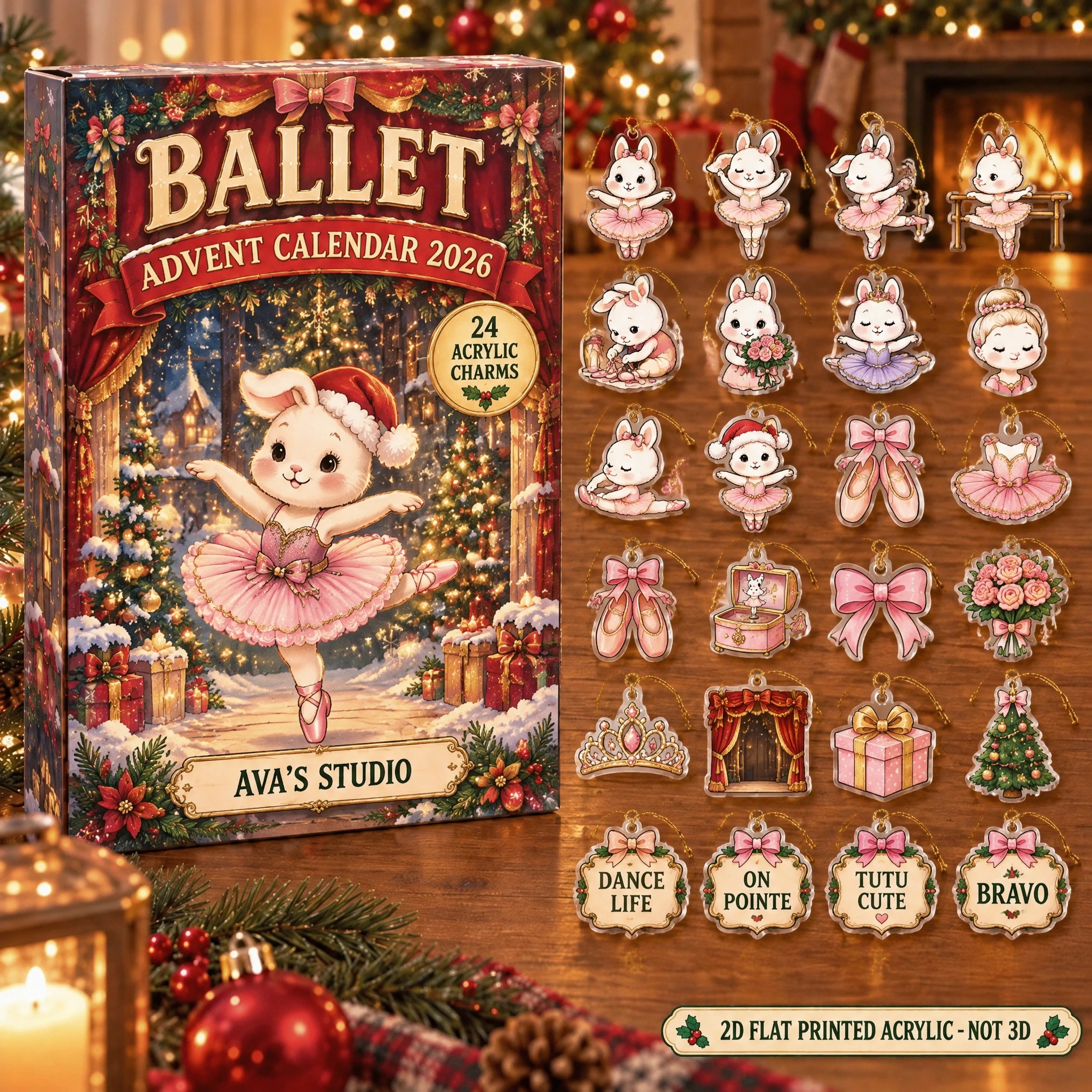 Personalized Ballet Bunny advent calendar box with 24 flat acrylic Christmas charms