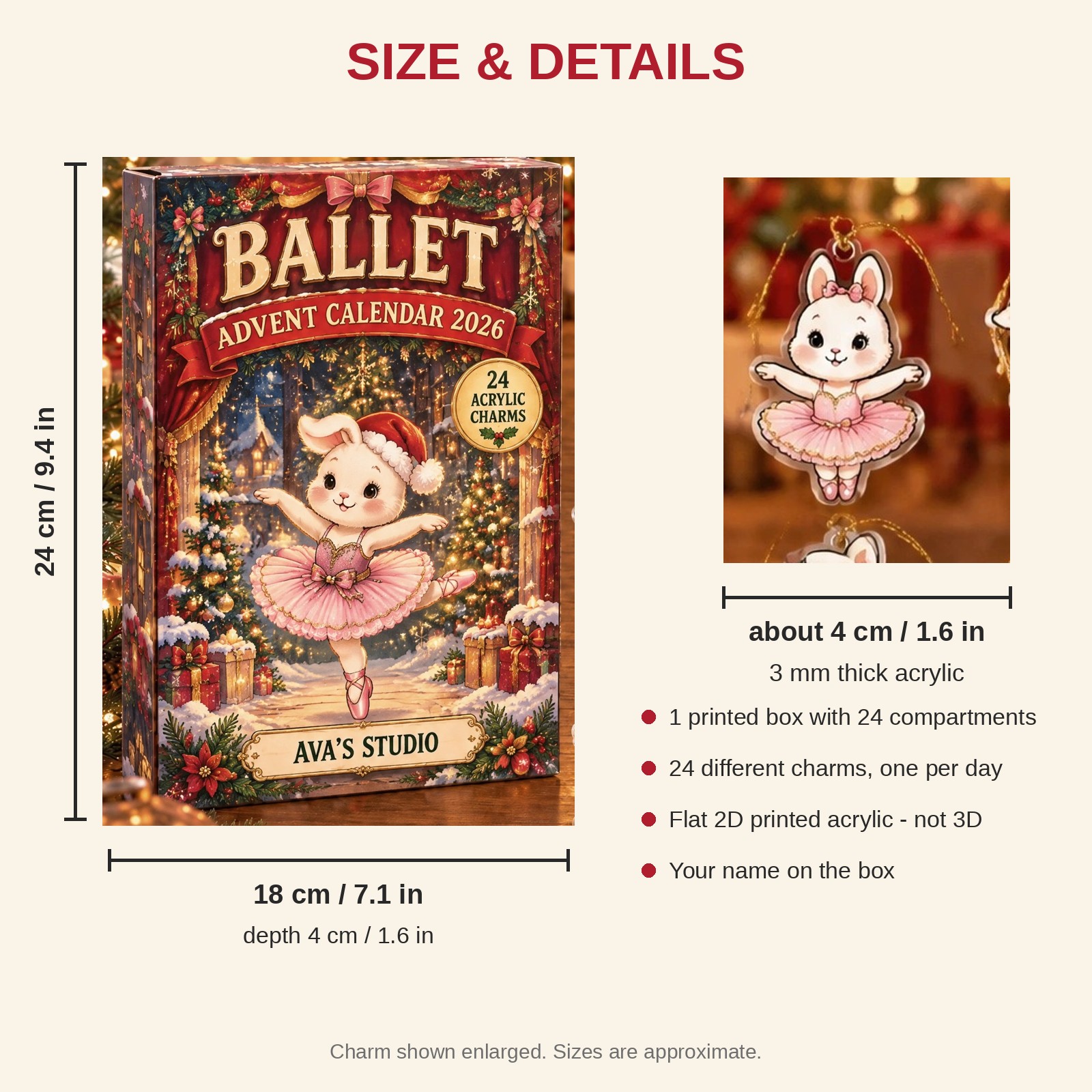 Personalized Ballet Bunny advent calendar box with 24 flat acrylic Christmas charms: box and charm sizes