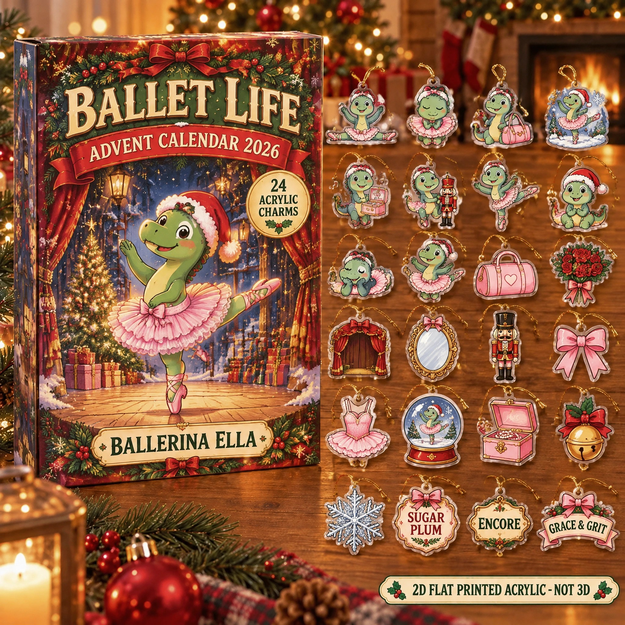 Personalized Ballet Dinosaur advent calendar box with 24 flat acrylic Christmas charms