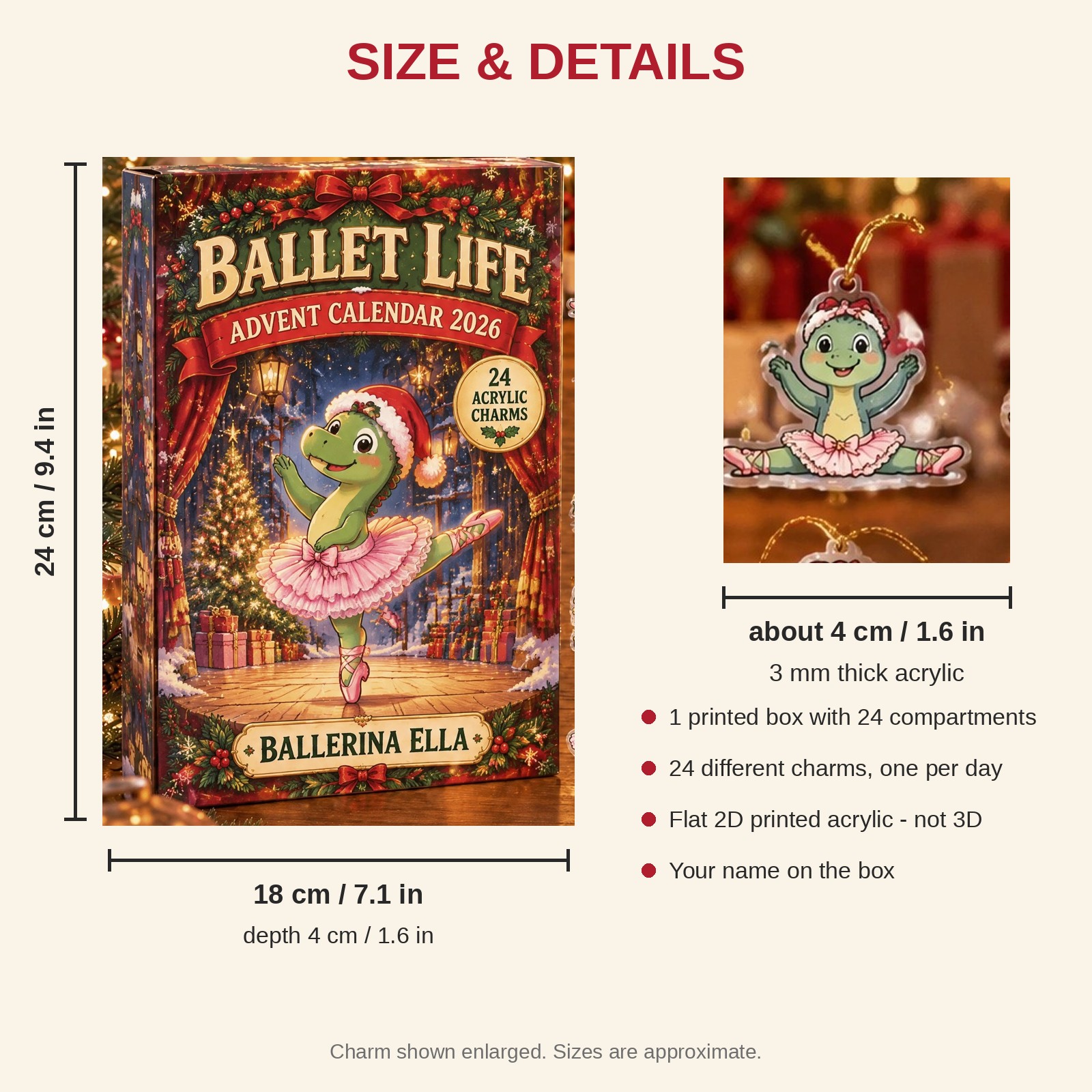 Personalized Ballet Dinosaur advent calendar box with 24 flat acrylic Christmas charms: box and charm sizes