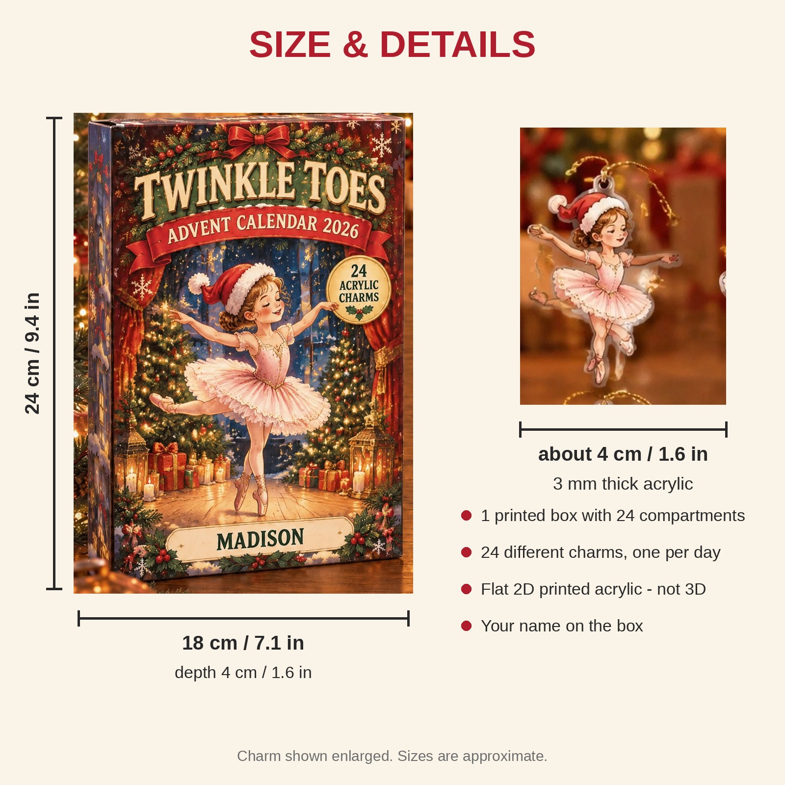 Personalized Ballet Essentials advent calendar box with 24 flat acrylic Christmas charms: box and charm sizes