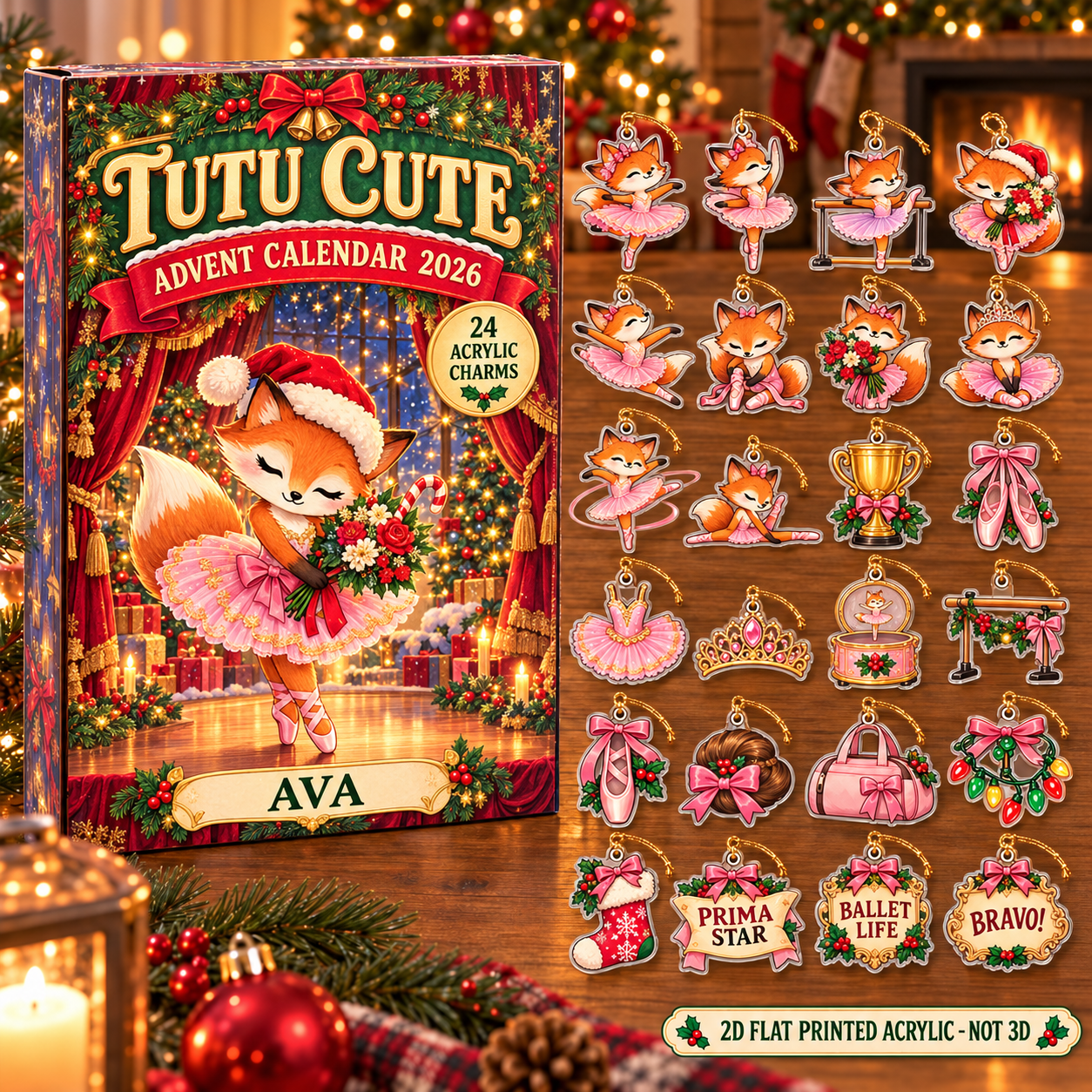 Personalized Ballet Fox advent calendar box with 24 flat acrylic Christmas charms