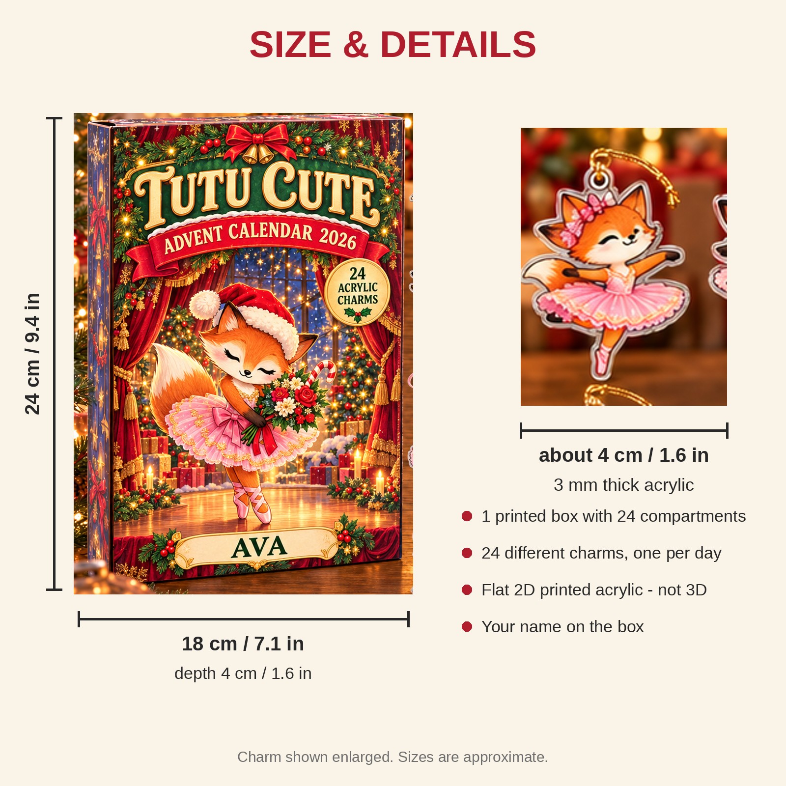 Personalized Ballet Fox advent calendar box with 24 flat acrylic Christmas charms: box and charm sizes