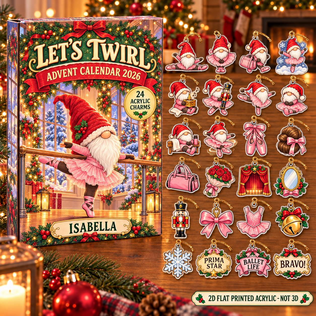 Personalized Ballet Gnome advent calendar box with 24 flat acrylic Christmas charms