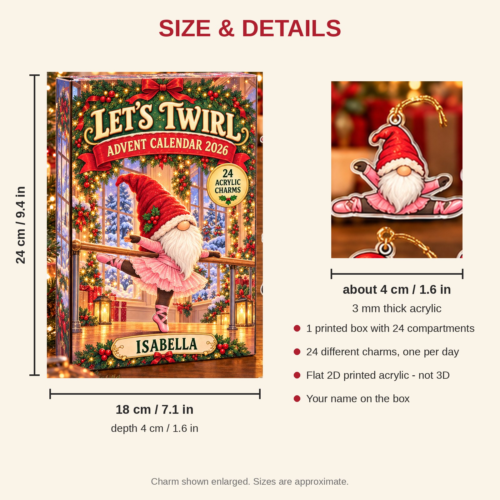 Personalized Ballet Gnome advent calendar box with 24 flat acrylic Christmas charms: box and charm sizes