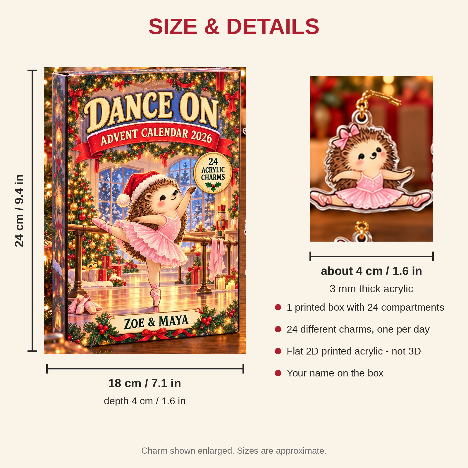 Personalized Ballet Hedgehog advent calendar box with 24 flat acrylic Christmas charms: box and charm sizes