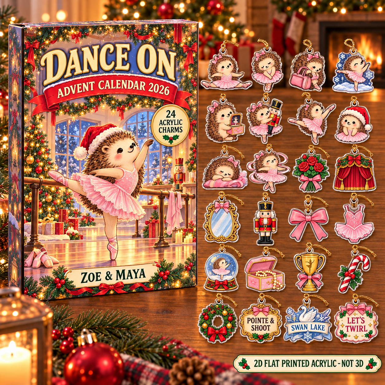 Personalized Ballet Hedgehog advent calendar box with 24 flat acrylic Christmas charms