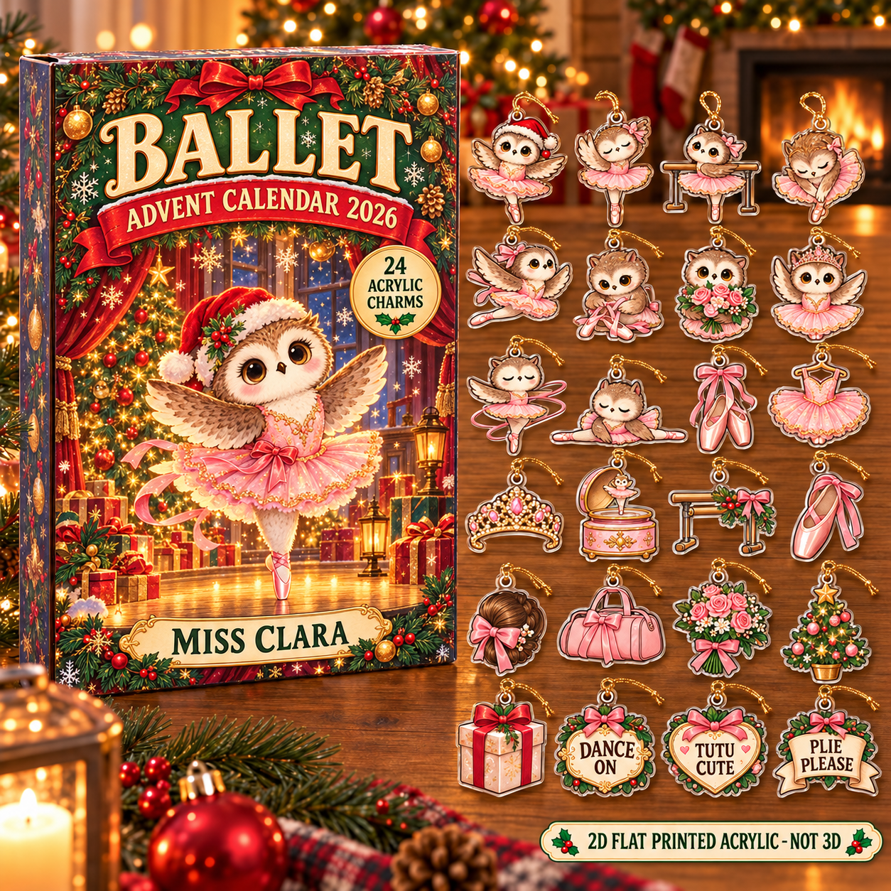 Personalized Ballet Owl advent calendar box with 24 flat acrylic Christmas charms